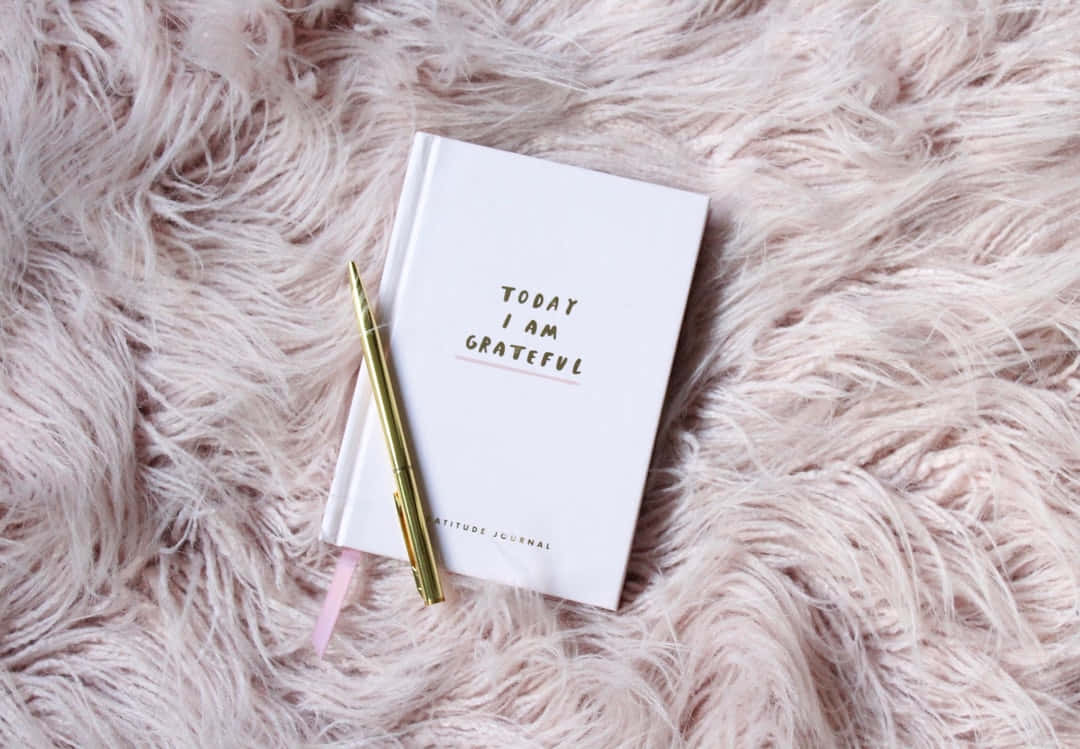 white gratitude planner, gold pen, soft pink fluffy rug, SD Desktop Wallpaper