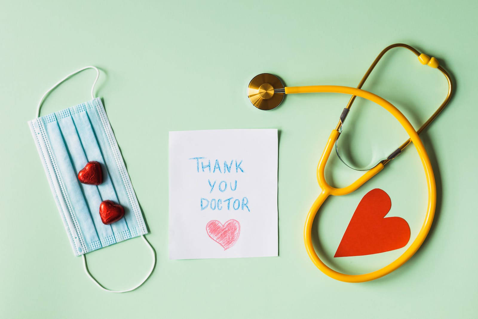 stethoscope, medical mask, handwritten thank you note, HD Desktop Wallpaper