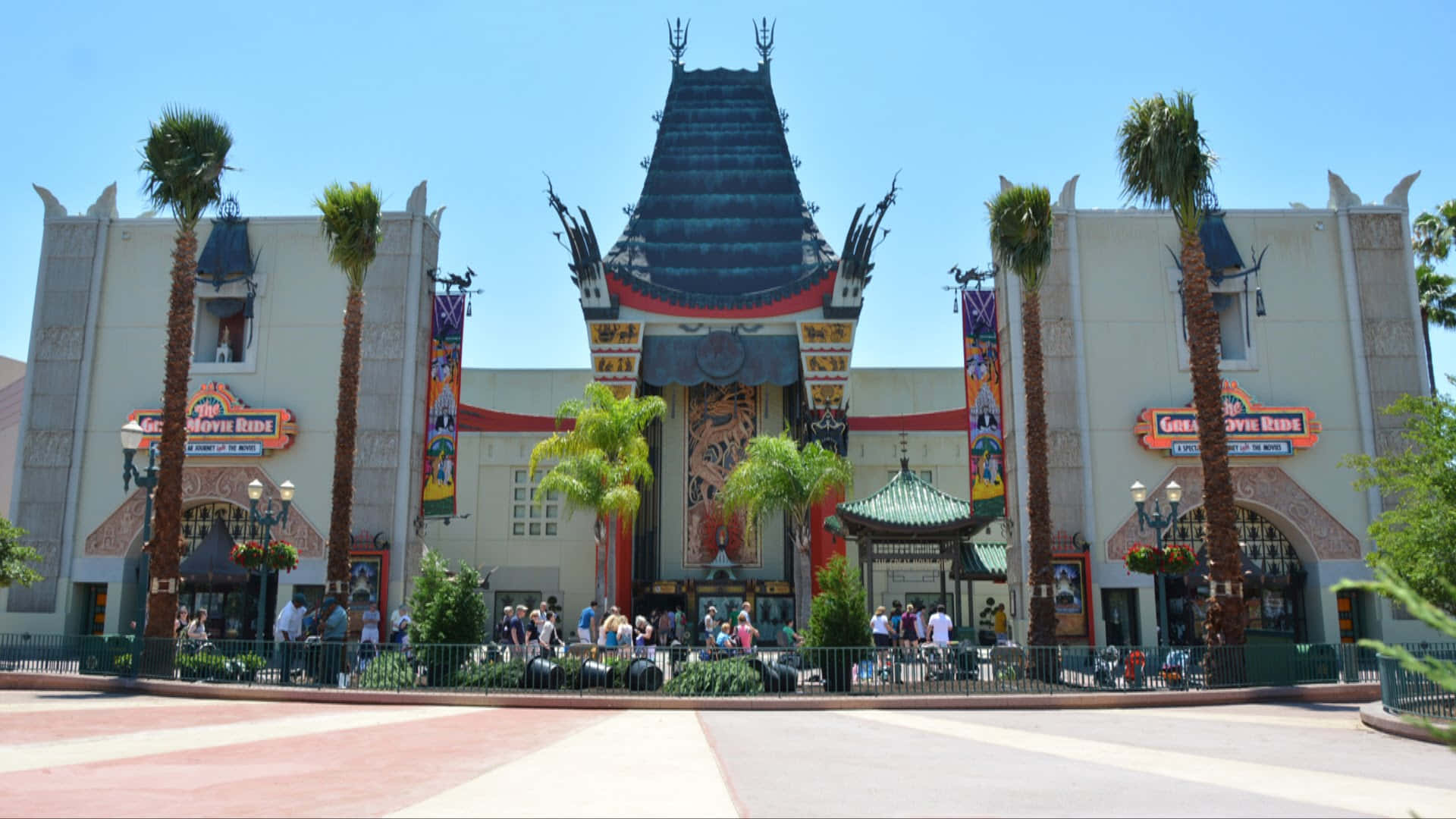 Graumans Chinese Theatre, palm trees, ornate architecture, Full HD Desktop Wallpaper