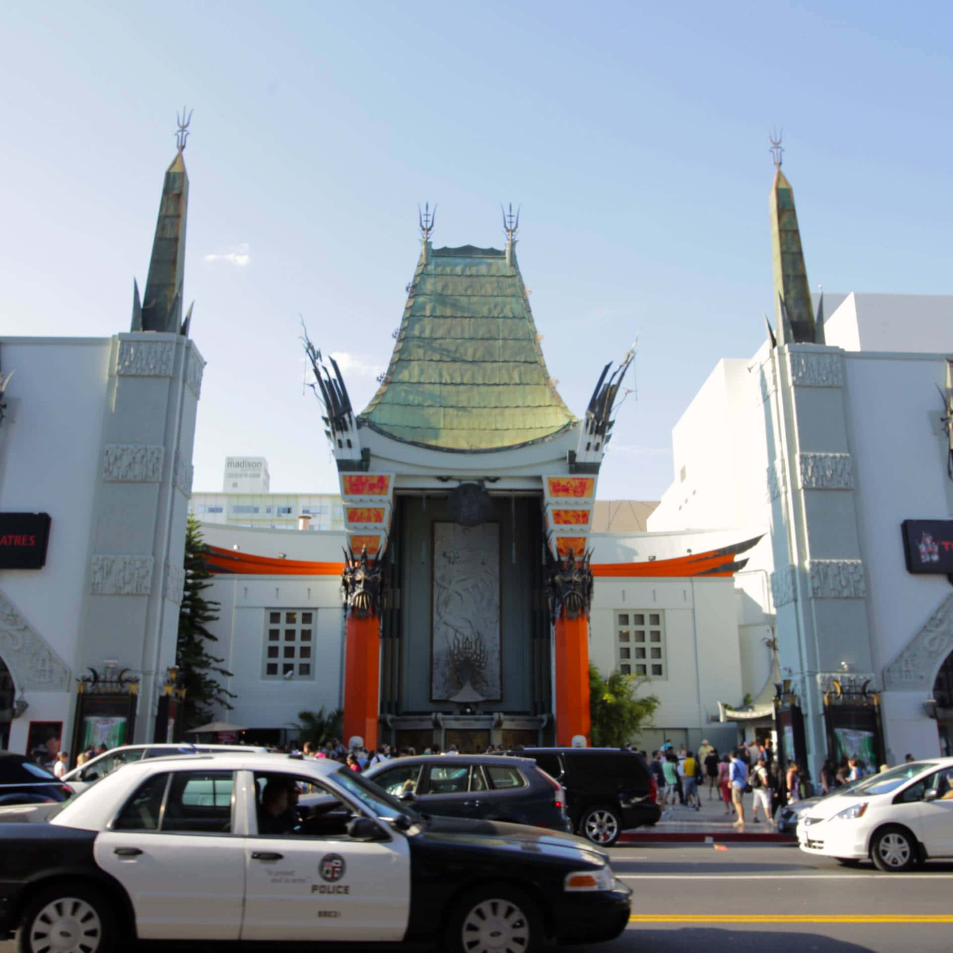 Graumans Chinese Theatre, Art Deco spires, orange accents, Full HD Desktop Wallpaper