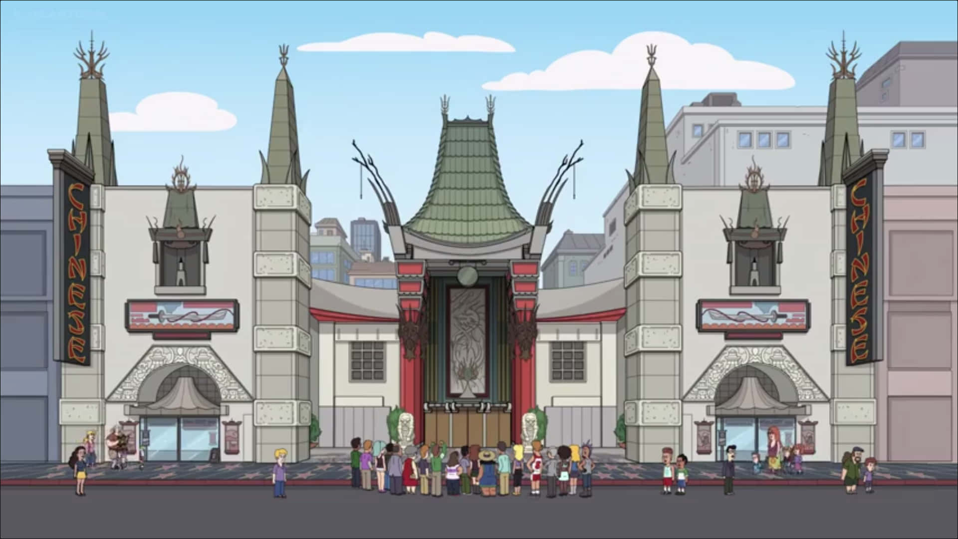 Graumans Chinese Theatre, cartoon-style, ornate architecture, Full HD Desktop Wallpaper