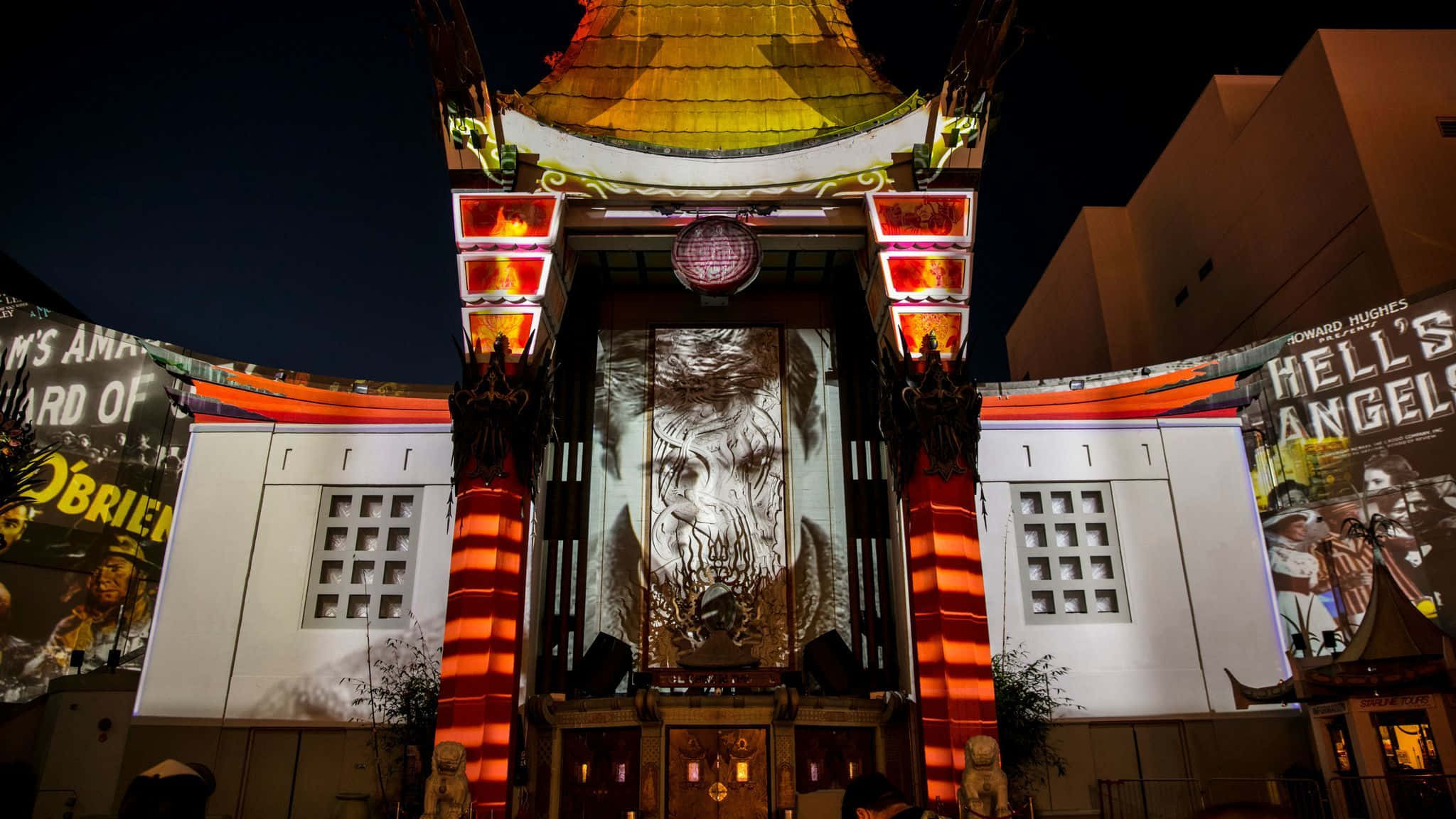 Graumans Chinese Theatre, night, fiery red lights, Full HD Desktop Wallpaper