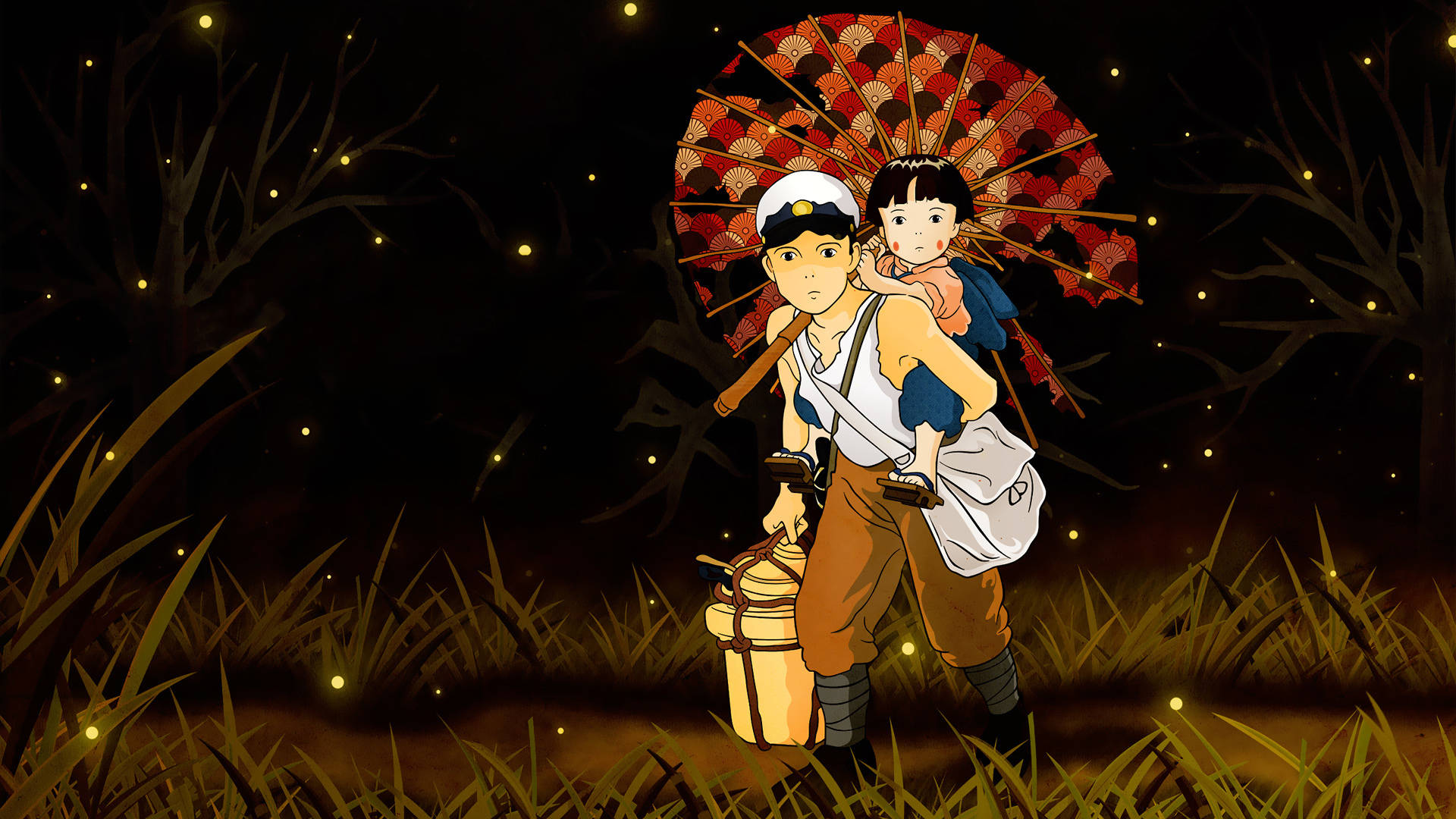 Grave Of The Fireflies, fireflies, red patterned umbrella, Full HD Desktop Wallpaper