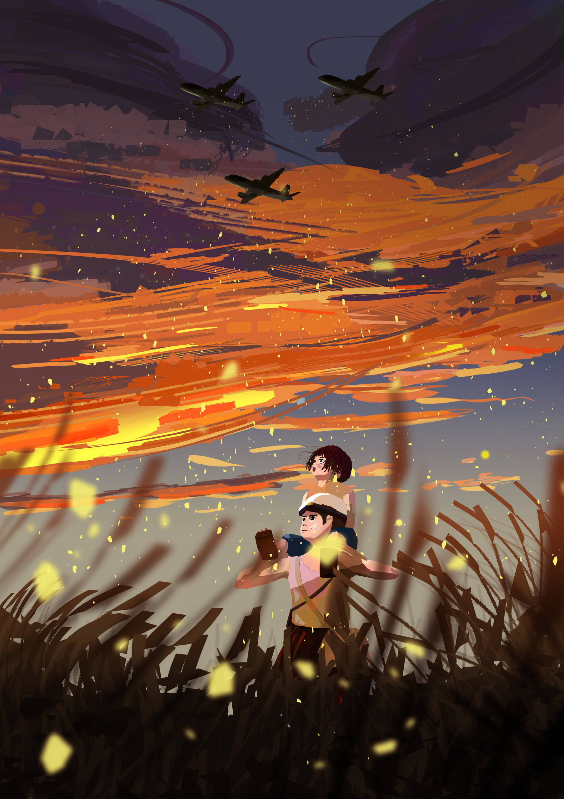 Grave Of The Fireflies, sunset, airplanes, 2K Phone Wallpaper
