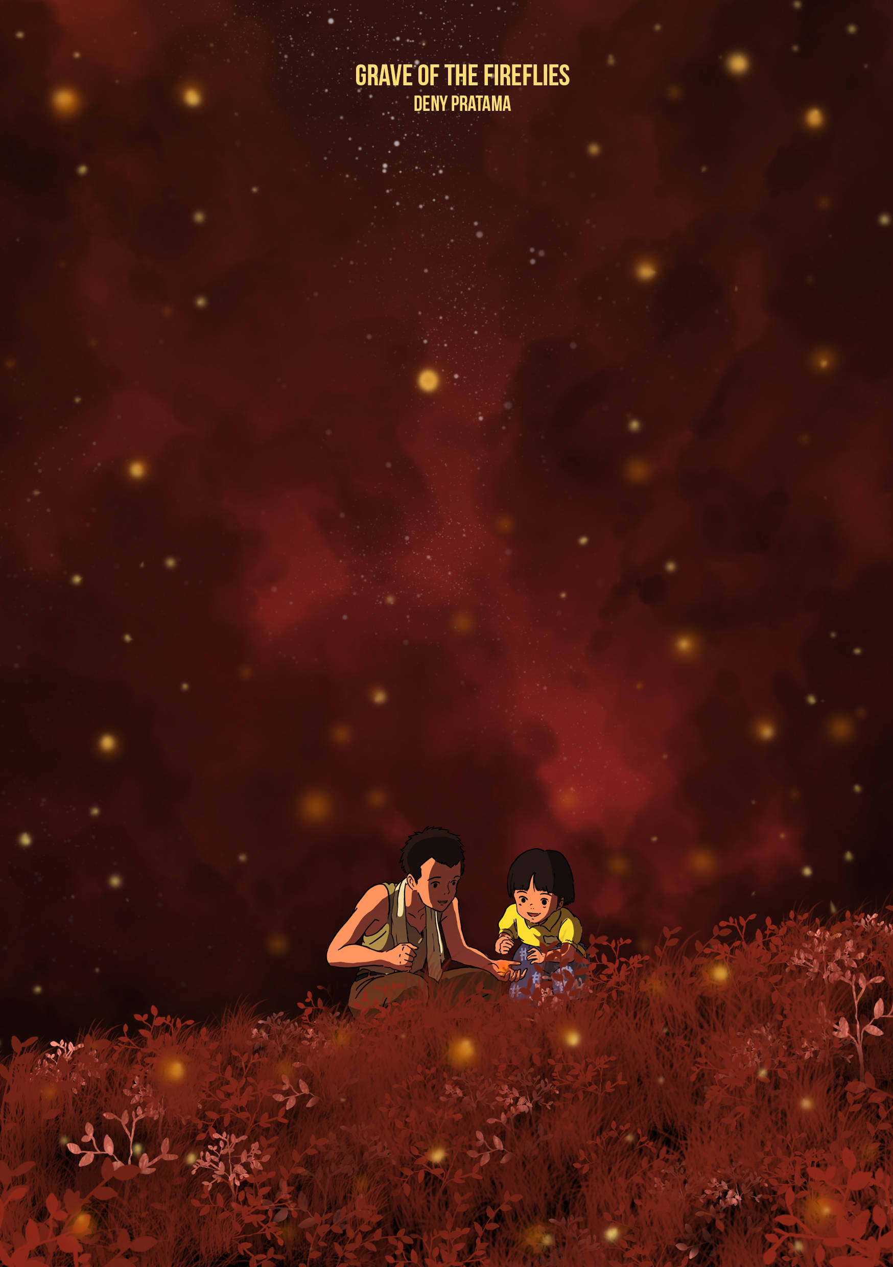 Grave Of The Fireflies, red clouds, glowing fireflies, Full HD Phone Wallpaper
