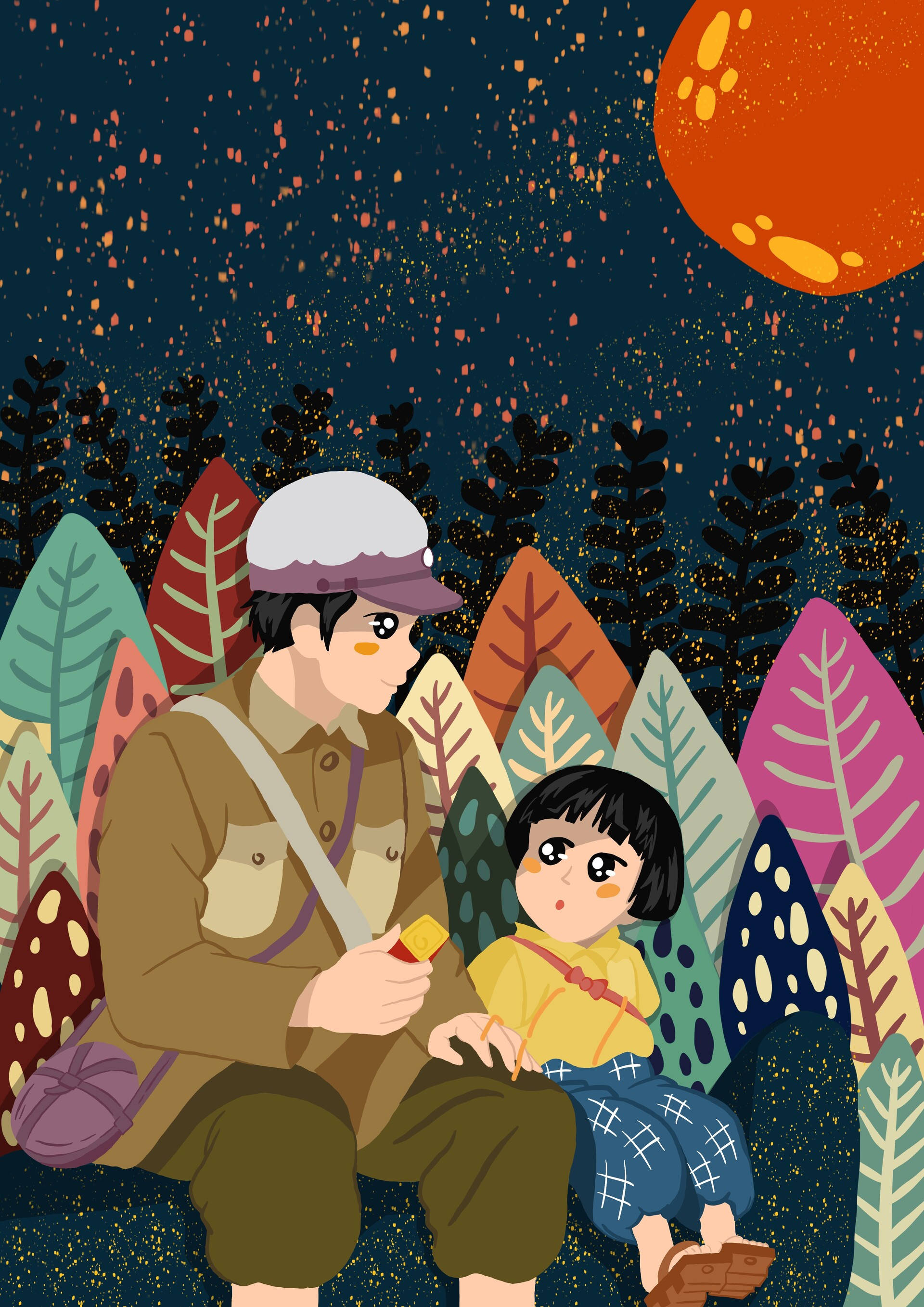 Grave Of The Fireflies, glowing orange moon, colorful stylized trees, 2K Phone Wallpaper