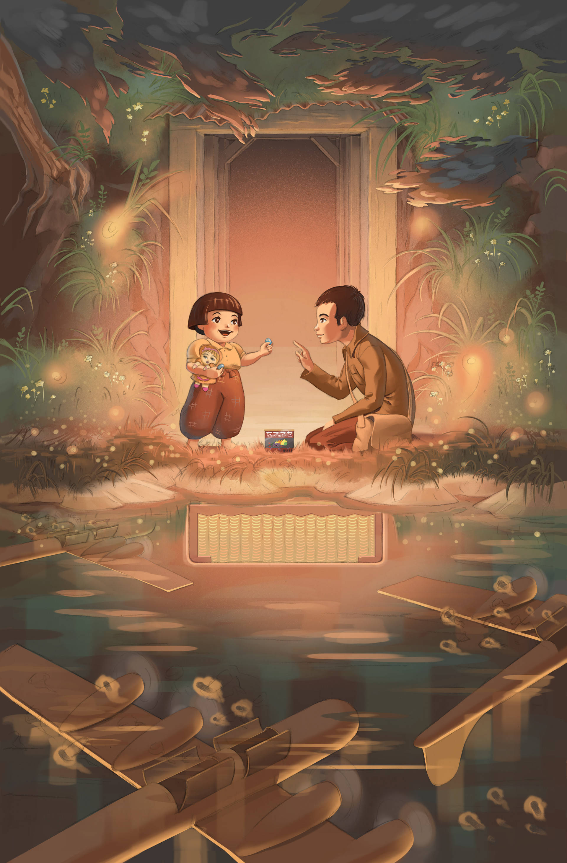 Grave Of The Fireflies, bomb shelter, glowing doorway, 2K Phone Wallpaper