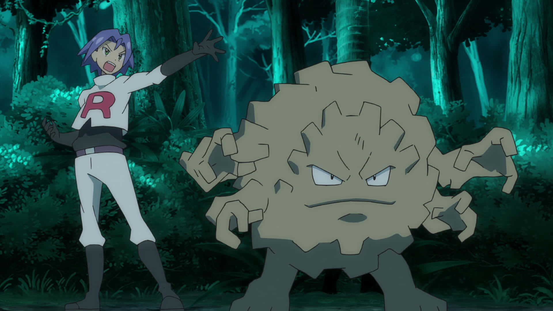 Graveler, purple-haired anime trainer, white R uniform, Full HD Desktop Wallpaper