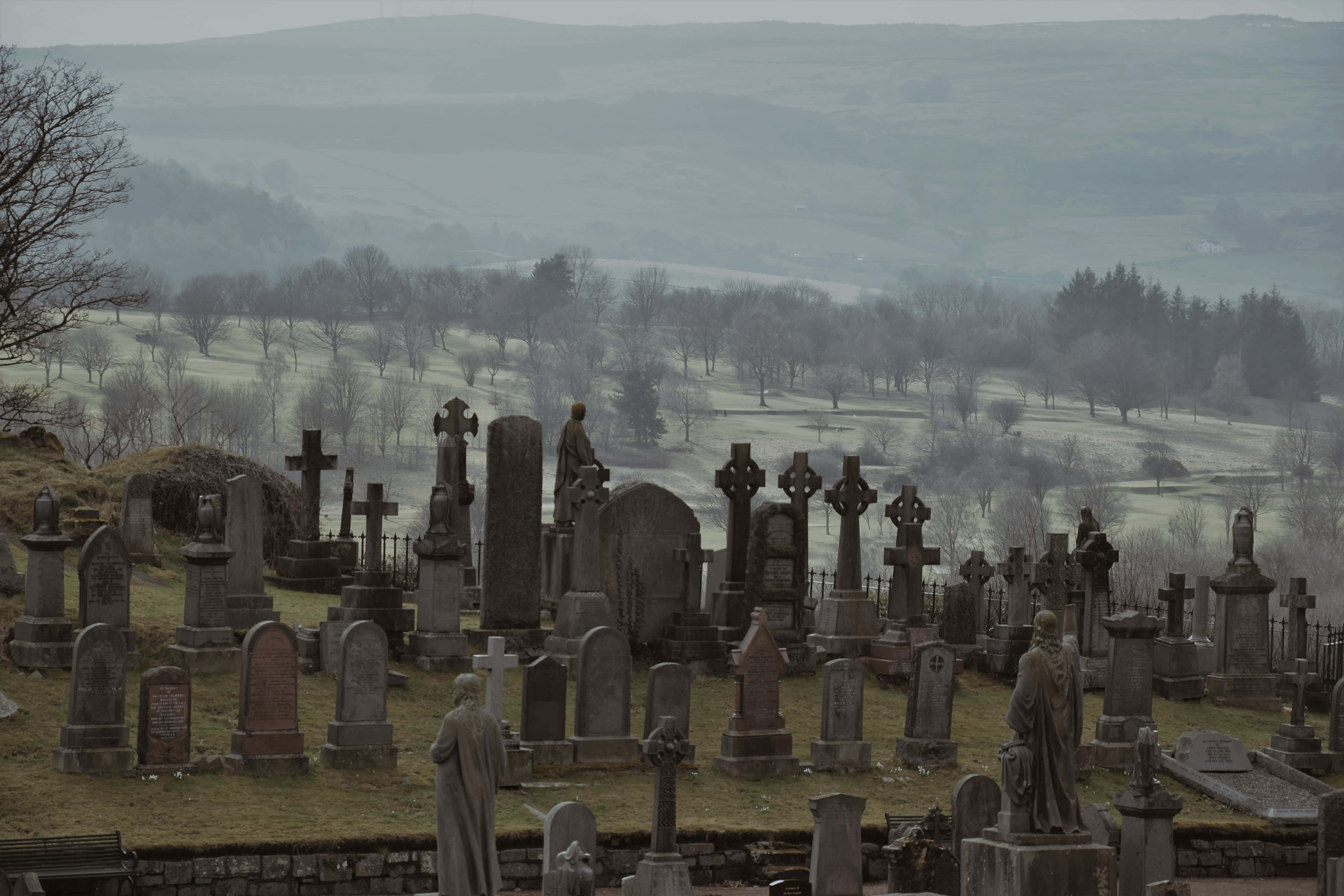 Gravestone, foggy cemetery, weathered stone crosses, 5K Desktop Wallpaper