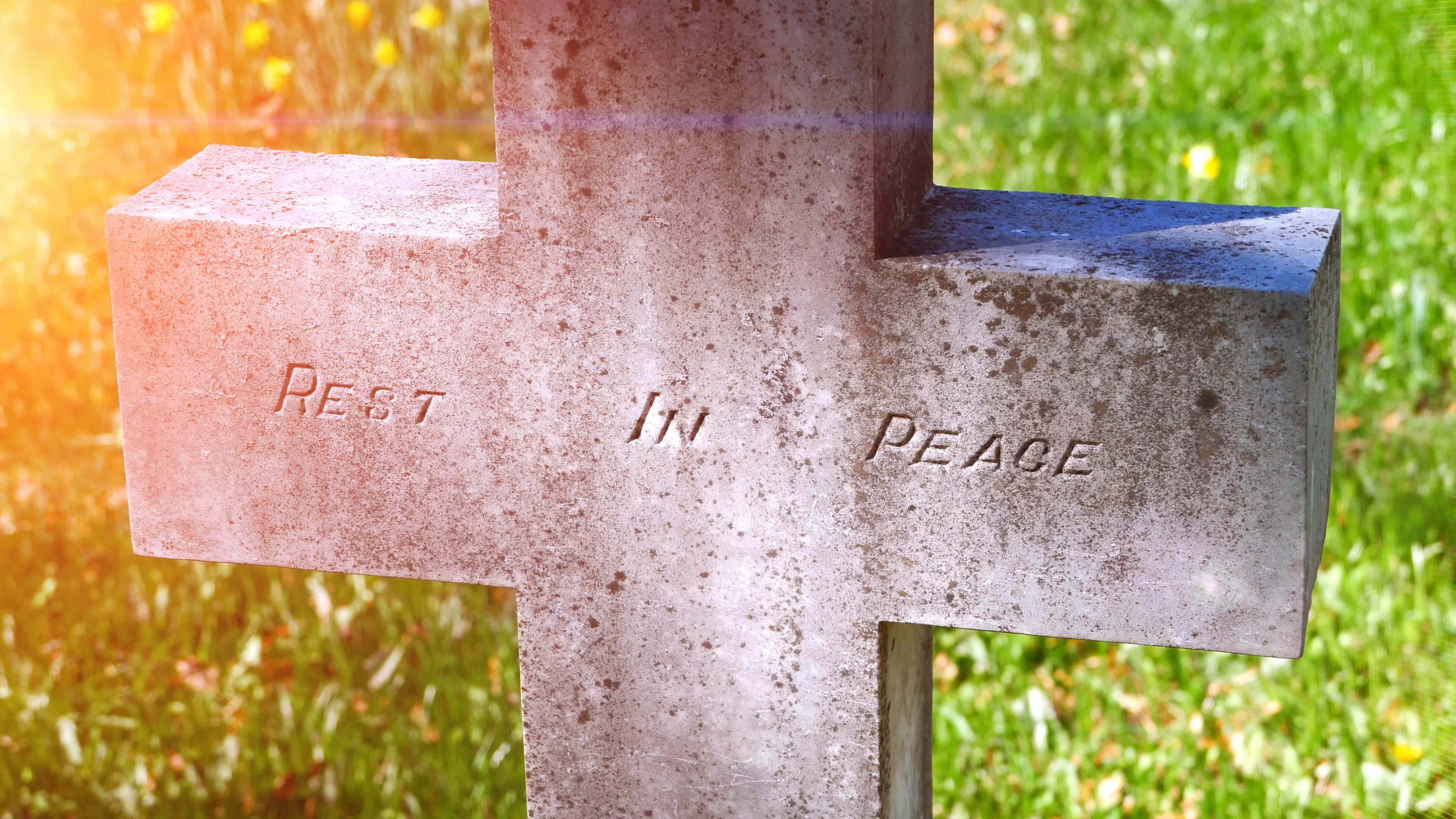 gravestone, sunset, sunlit grassy field, 4K Desktop Wallpaper