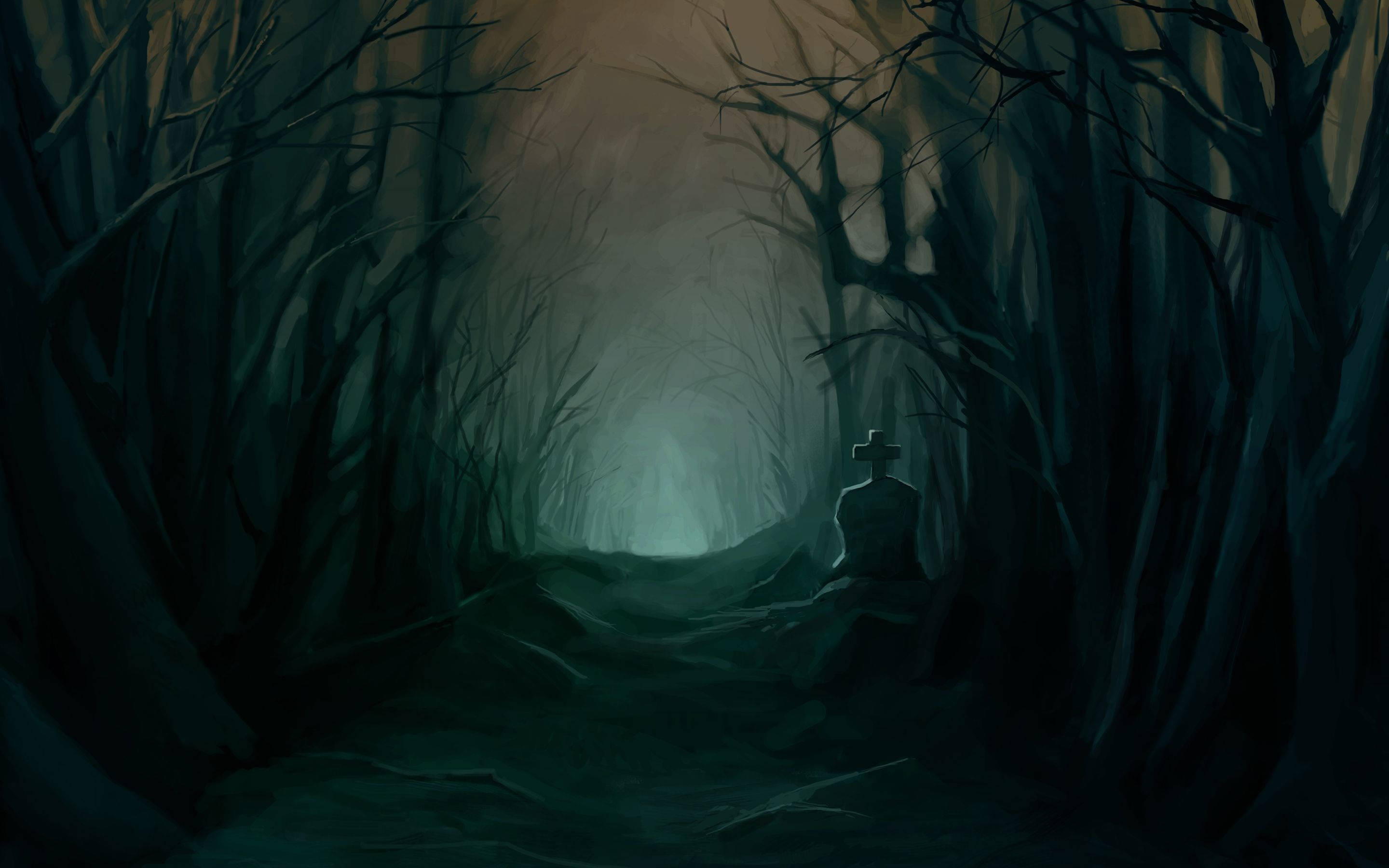 displaced graveyard, pathway, glowing misty horizon, 2K Desktop Wallpaper