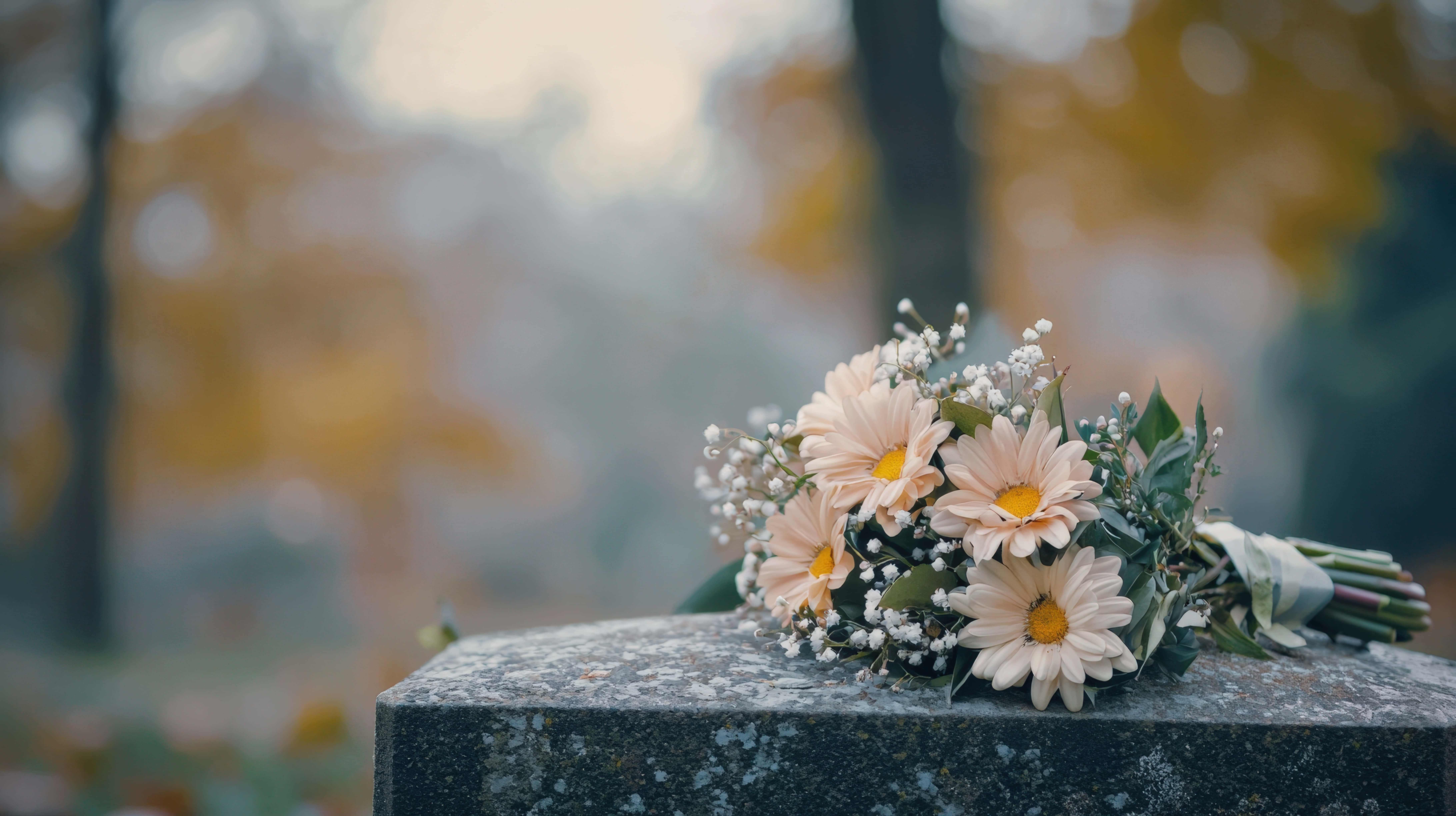 white daisies, mossy gray gravestone, baby's breath, 8K Desktop Wallpaper