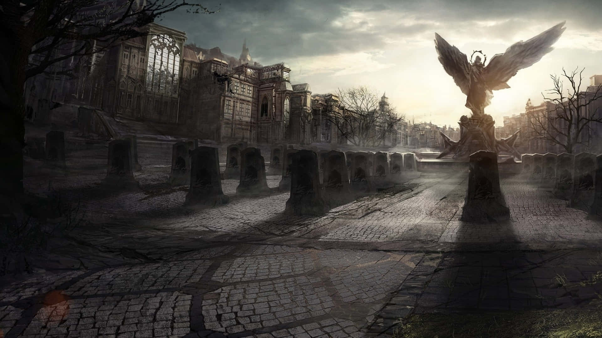 Gravestone, winged angel statue, dusk, Full HD Desktop Wallpaper