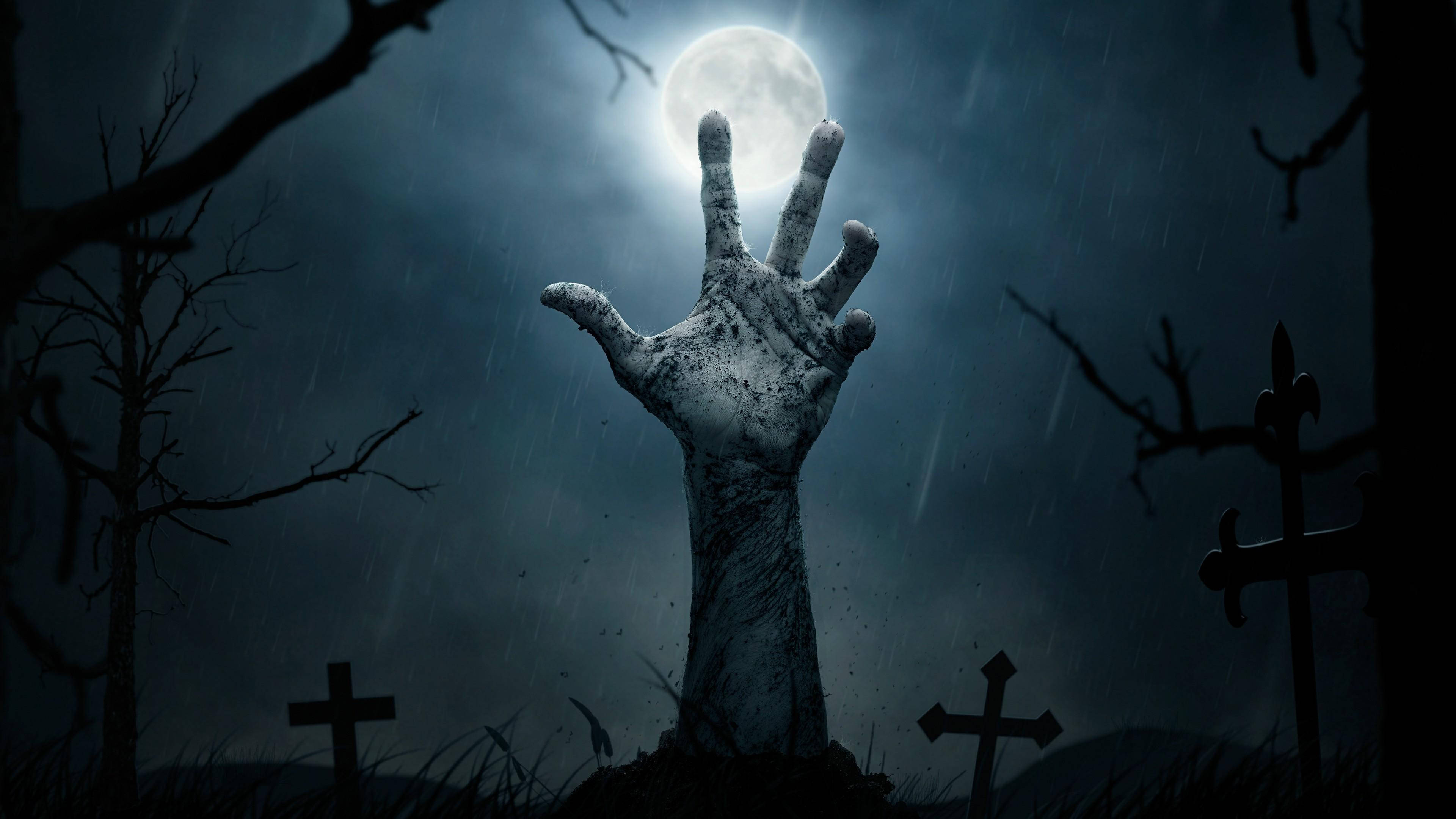 zombie hand, full moon, rainy cemetery, 4K Desktop Wallpaper