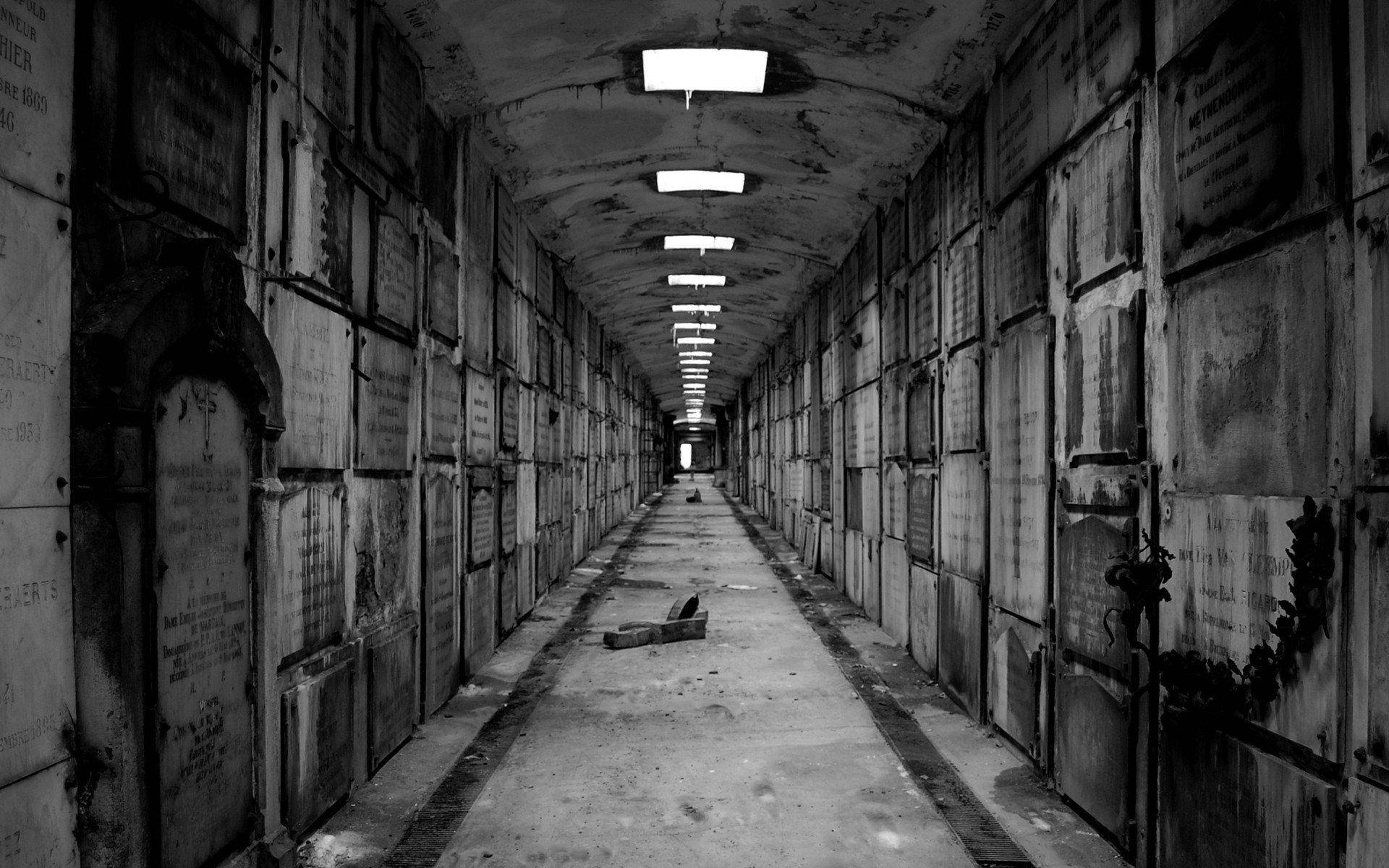 Indoor Graveyard Hall, dimly lit corridor, forgotten cemetery, Full HD Desktop Wallpaper