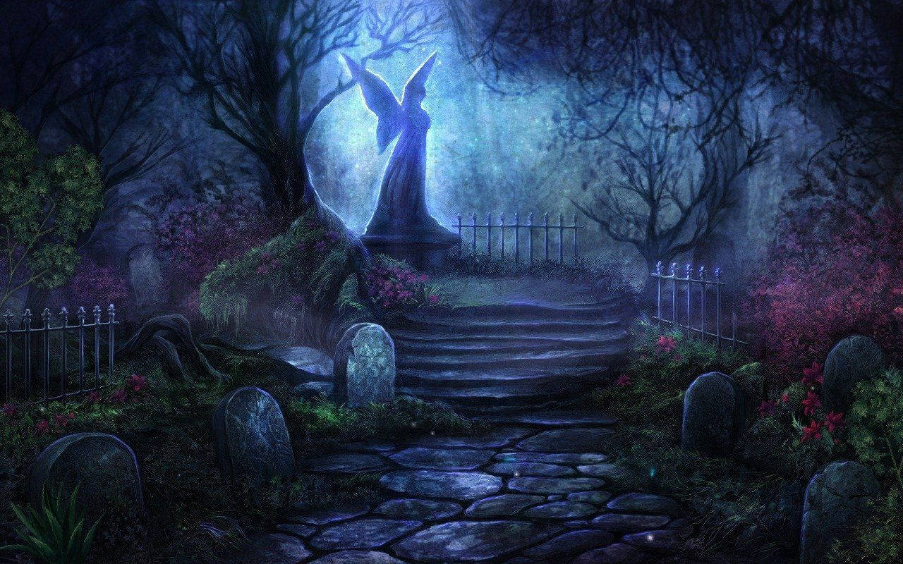 enchanted graveyard, fairy statue, mystical angel statue, HD Desktop Wallpaper