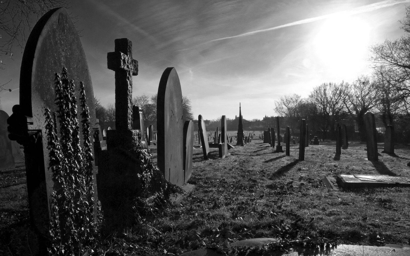 Graveyard, black and white, cemetery, HD Desktop Wallpaper