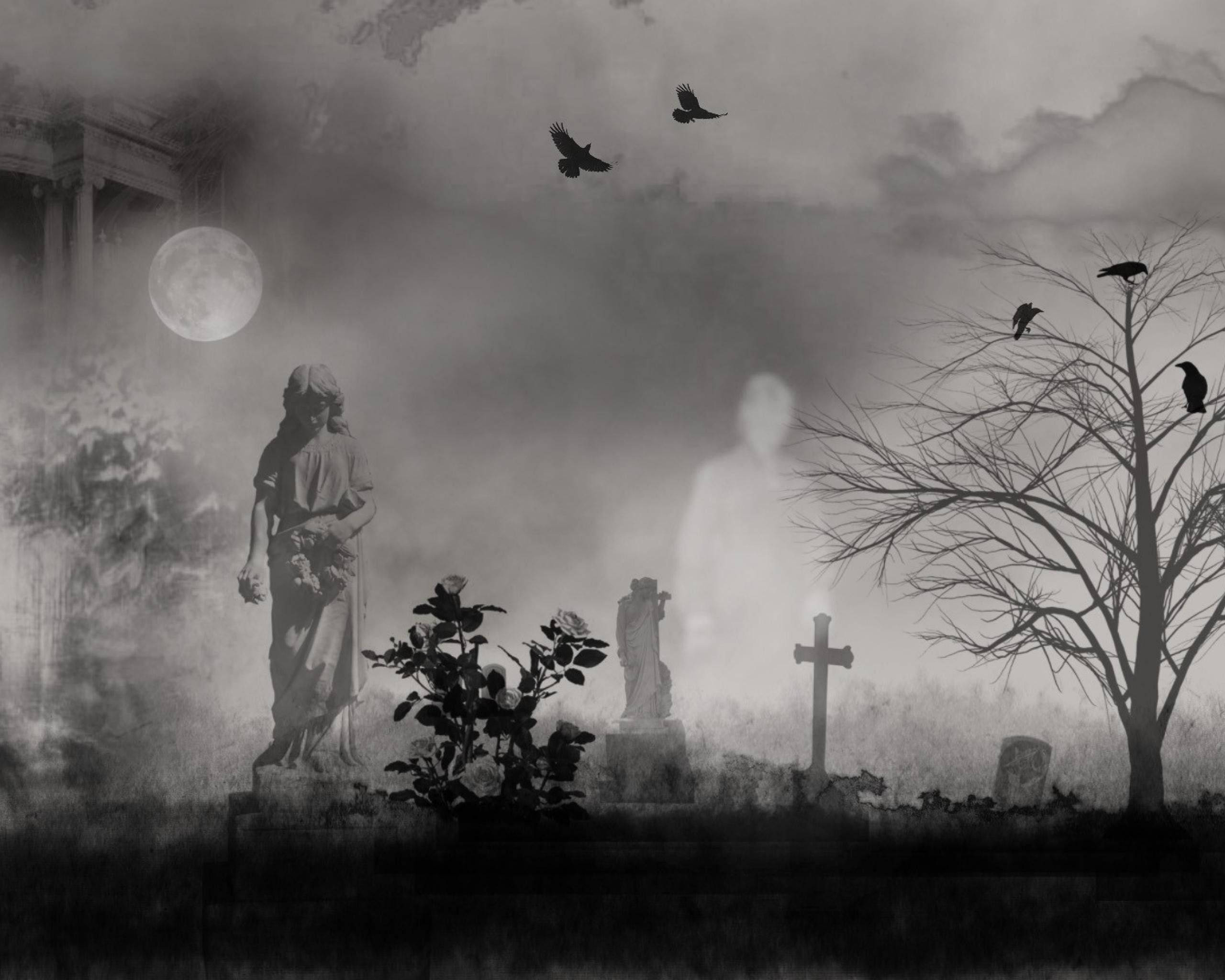 full moon, ghostly figures, statues, 2K Desktop Wallpaper