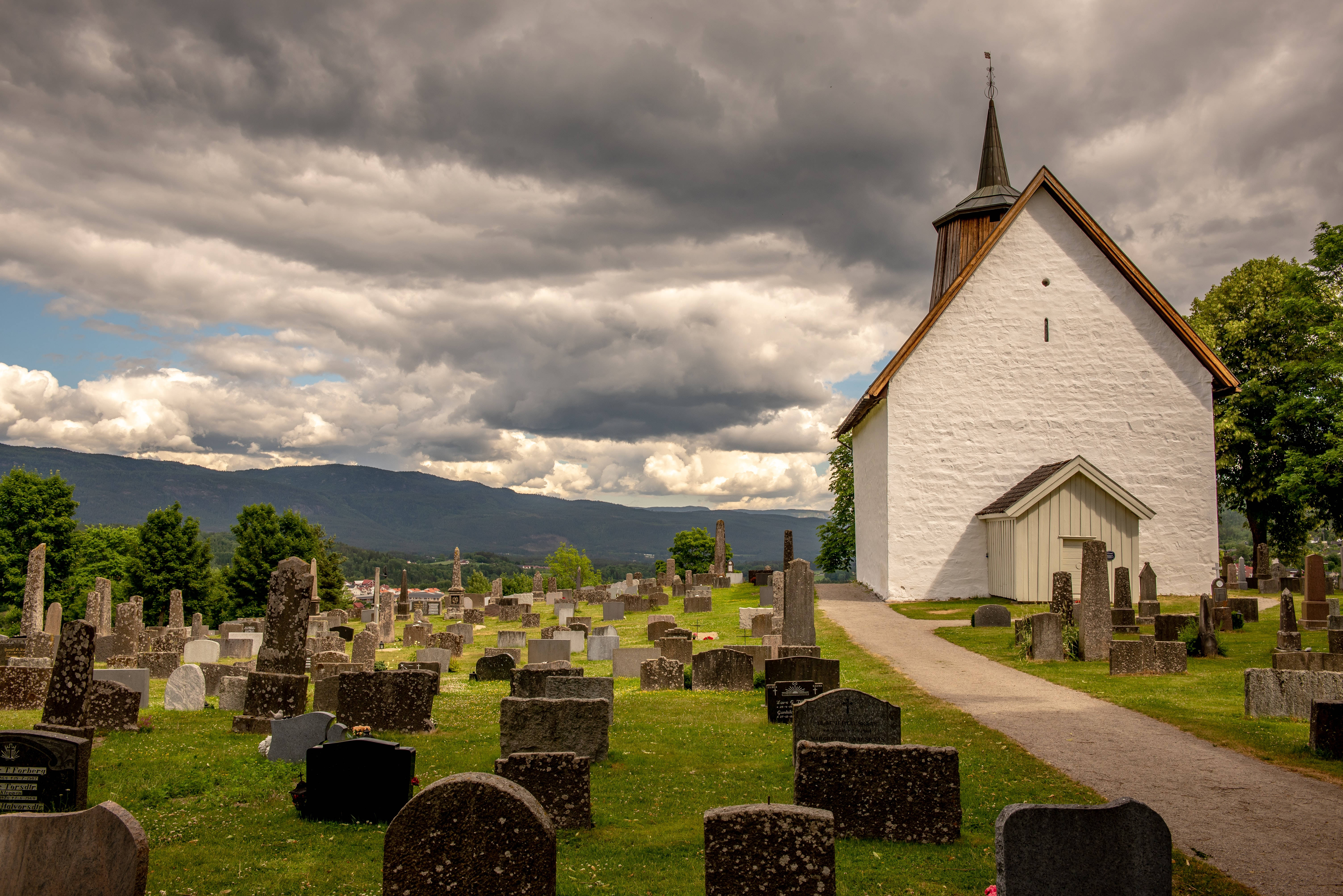 white church, pointed steeple, cemetery, 5K Desktop Wallpaper