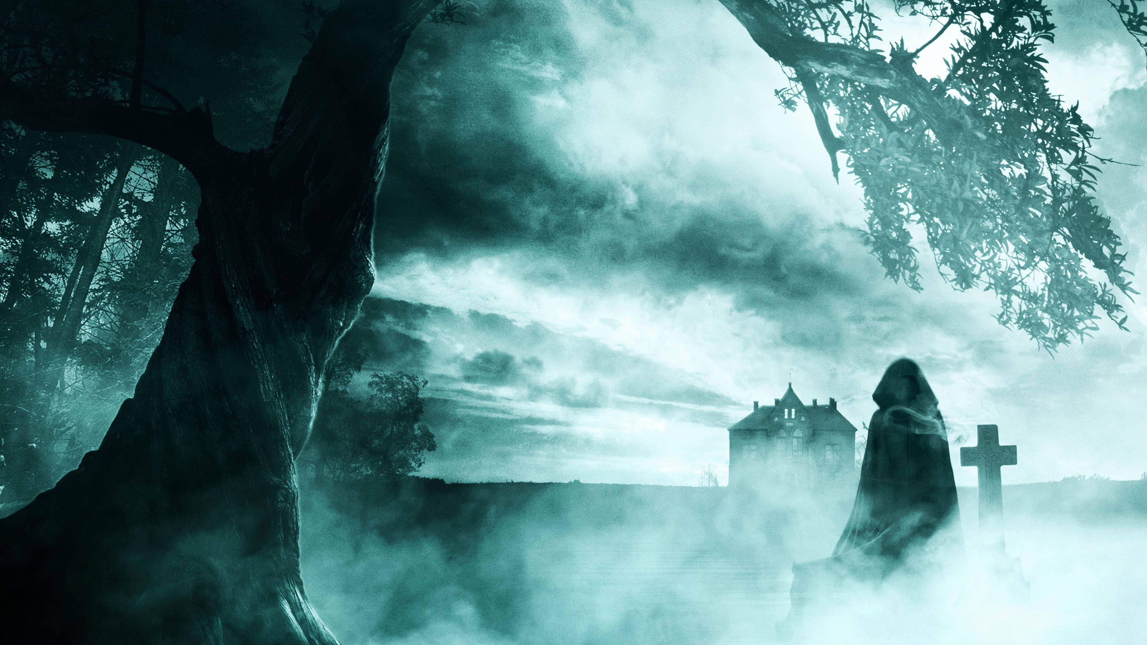 graveyard, tombstone, ghostly figure, 4K Desktop Wallpaper