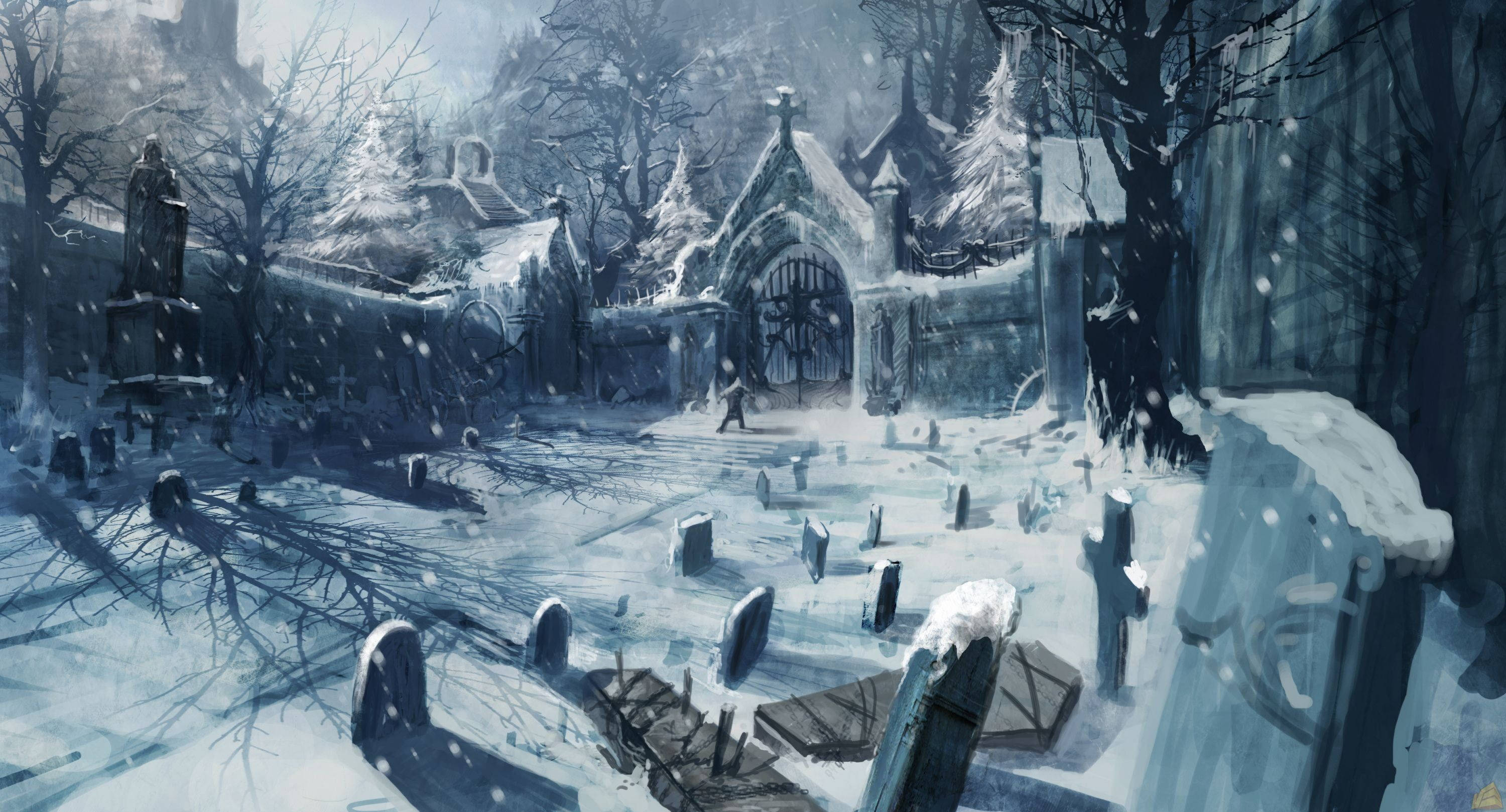 Graveyard, winter, snow-covered cemetery, 2K Desktop Wallpaper