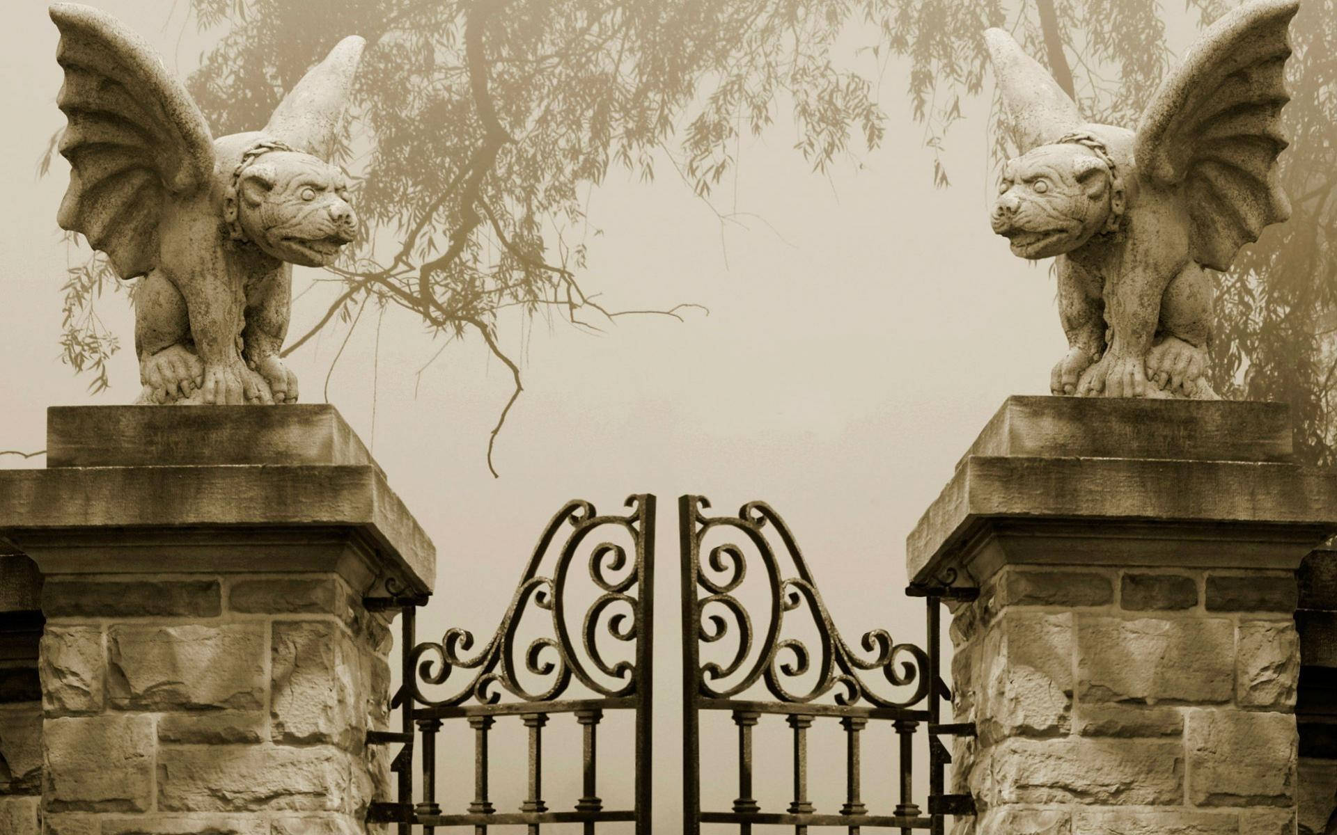 gargoyle statues, ornate wrought iron gate, misty sky, Full HD Desktop Wallpaper