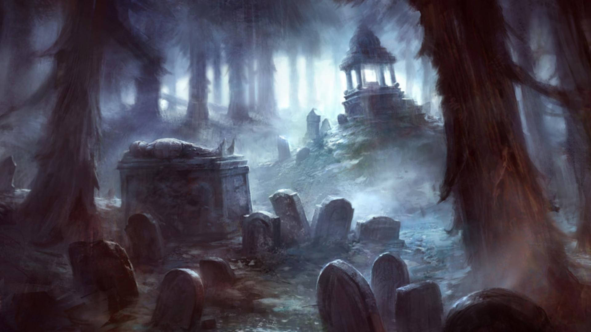 Graveyard, Mausoleums, Misty forest, Full HD Desktop Wallpaper