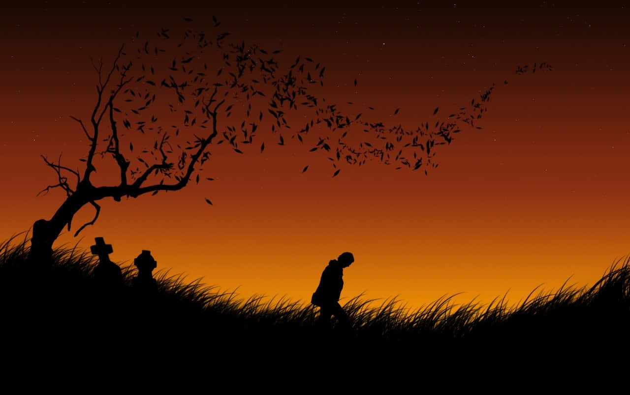 silhouetted figures, barren tree, fiery orange sunset sky, HD Desktop Wallpaper