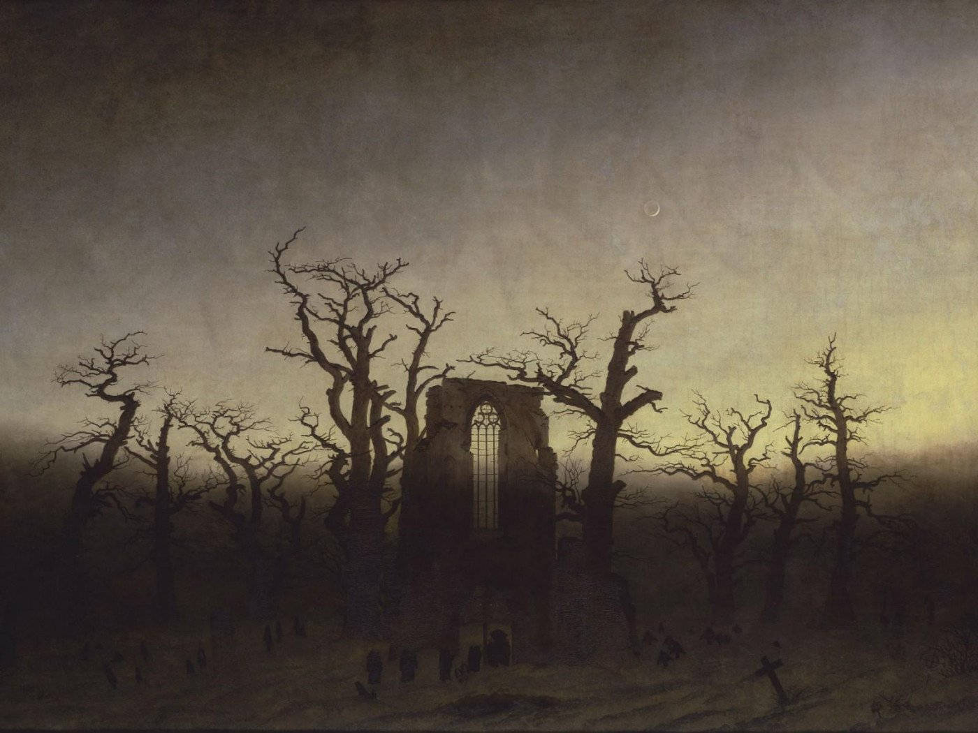 Graveyard, ruined church, skeletal trees, HD Desktop Wallpaper