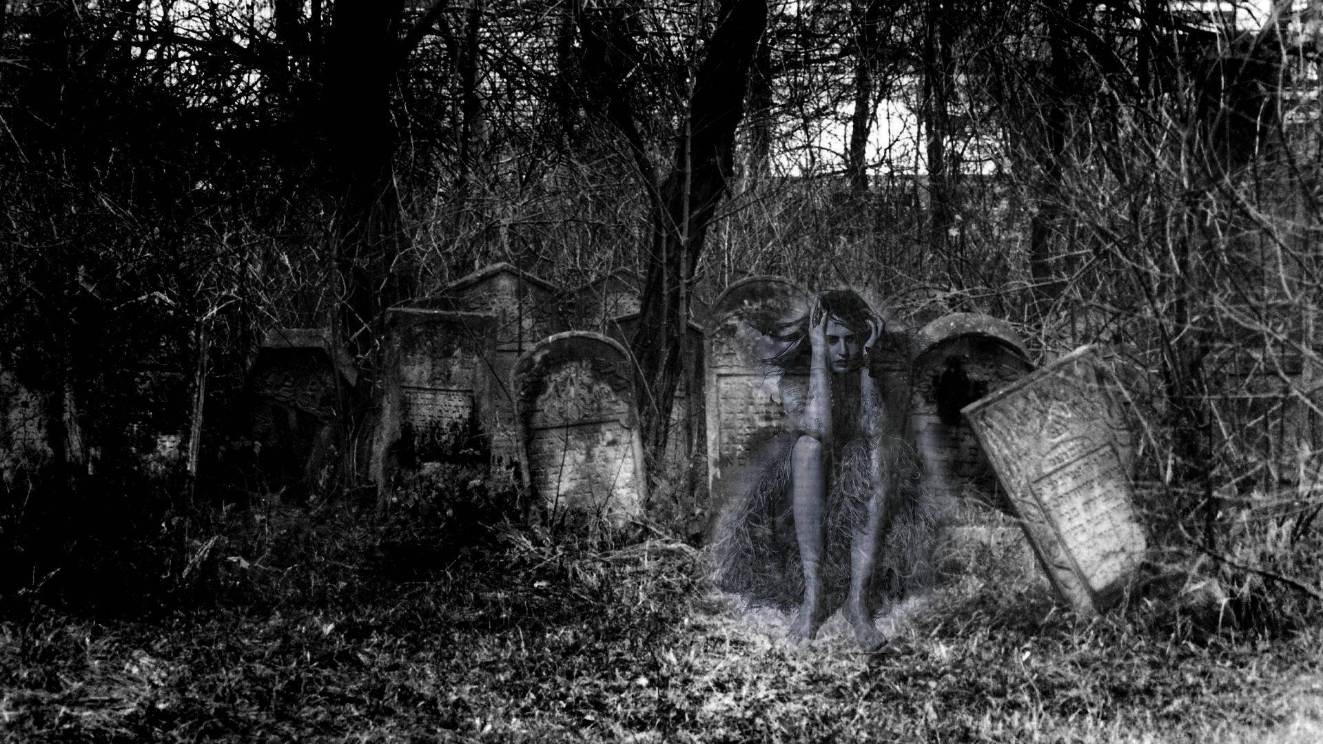 ghostly figure, overgrown ruins, tombstones, Full HD Desktop Wallpaper