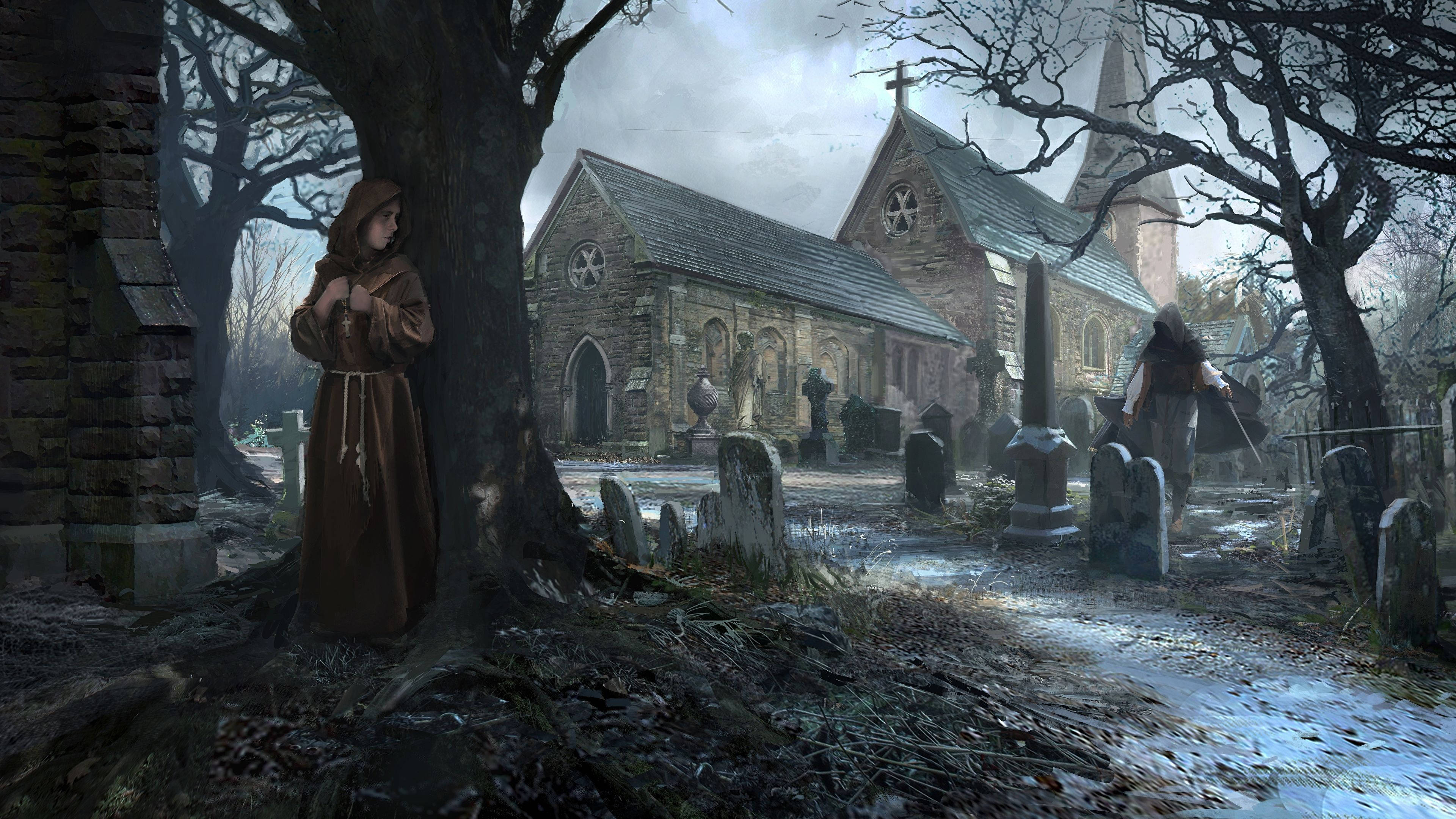 church, graveyard, cloaked figure, 4K Desktop Wallpaper