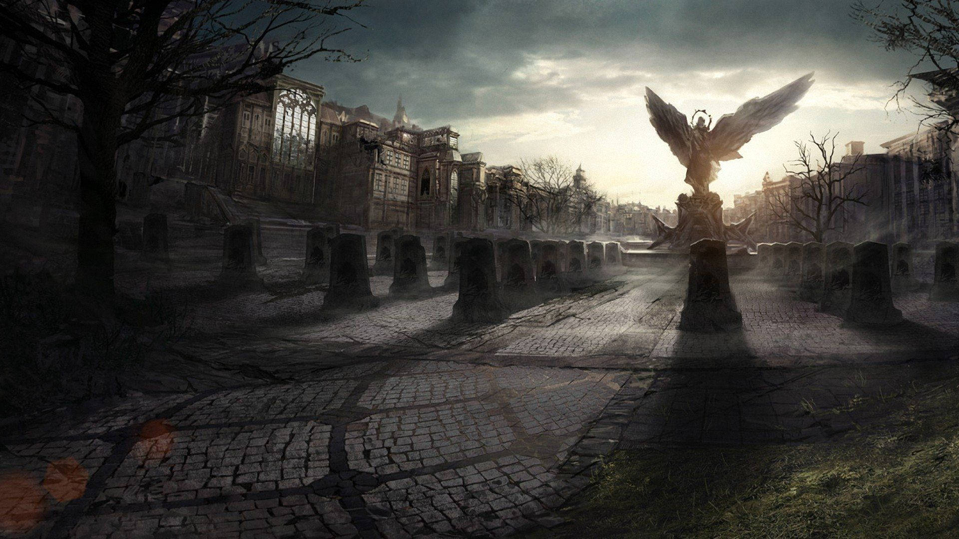 angel statue, stone pedestal, foggy urban plaza, Full HD Desktop Wallpaper