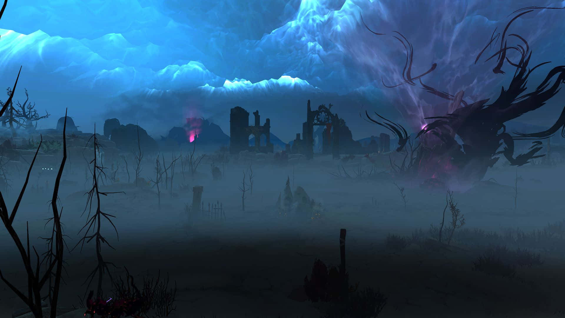 Singular Scary Graveyard, stormy blue sky, eerie purple energy, Full HD Desktop Wallpaper