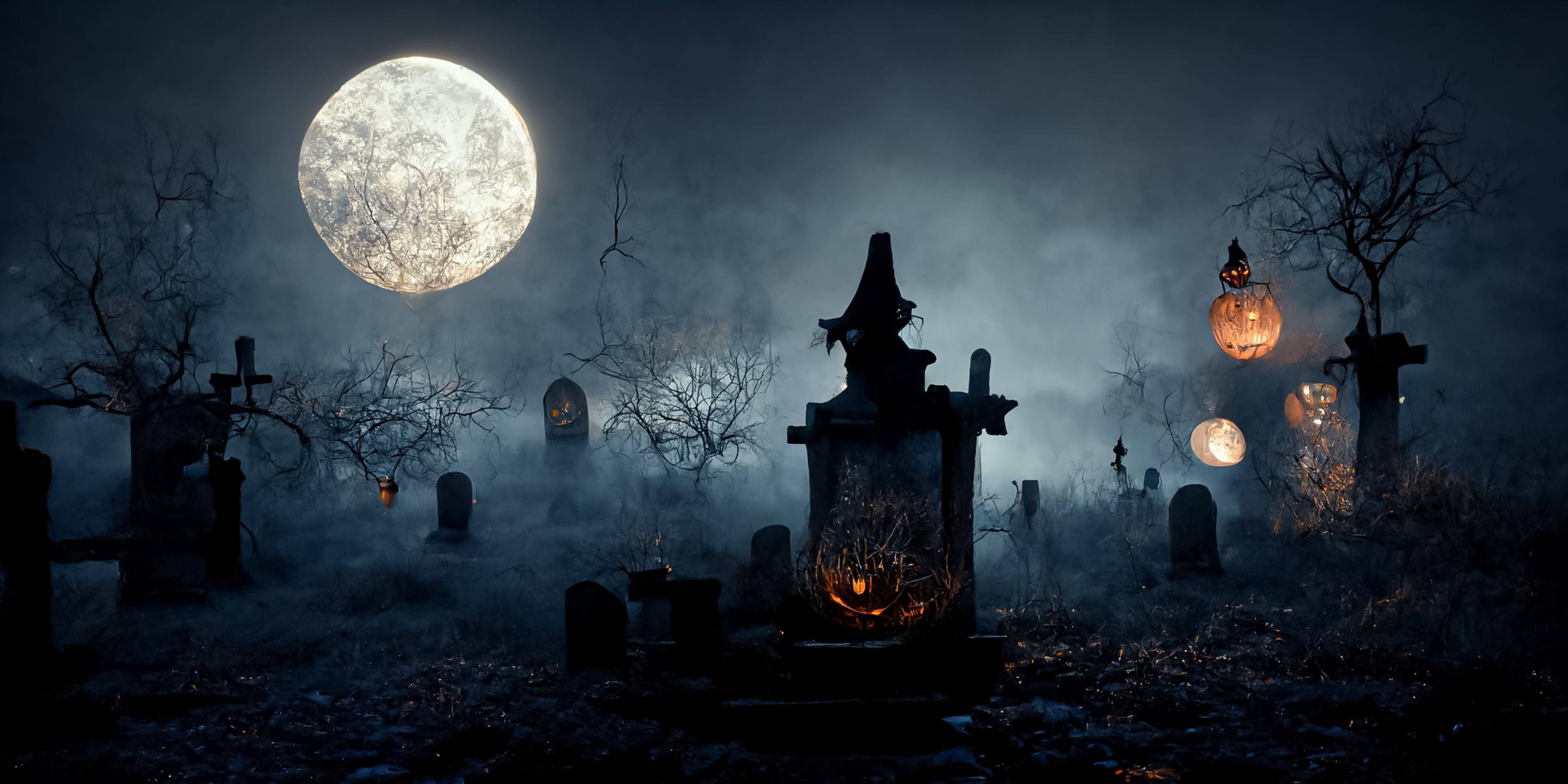 Spooky Season, graveyard, full moon, 4K Desktop Wallpaper