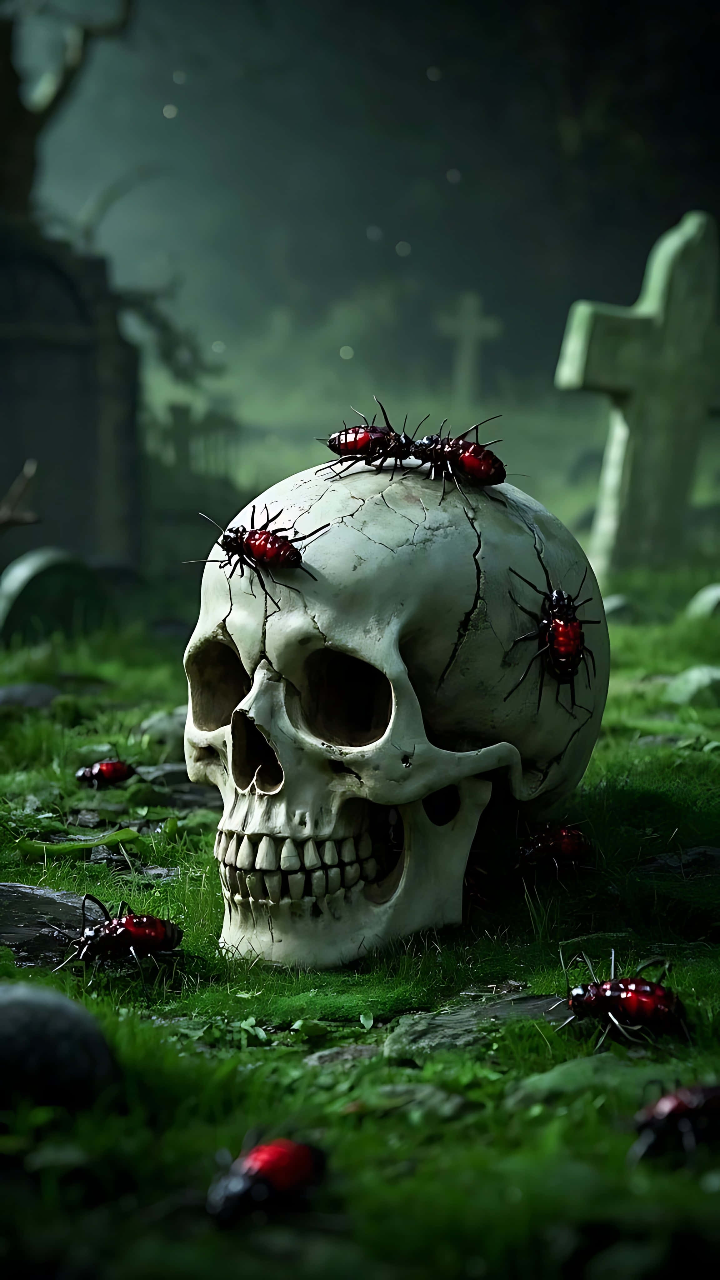 cracked human skull, red beetles, misty graveyard, 4K Phone Wallpaper