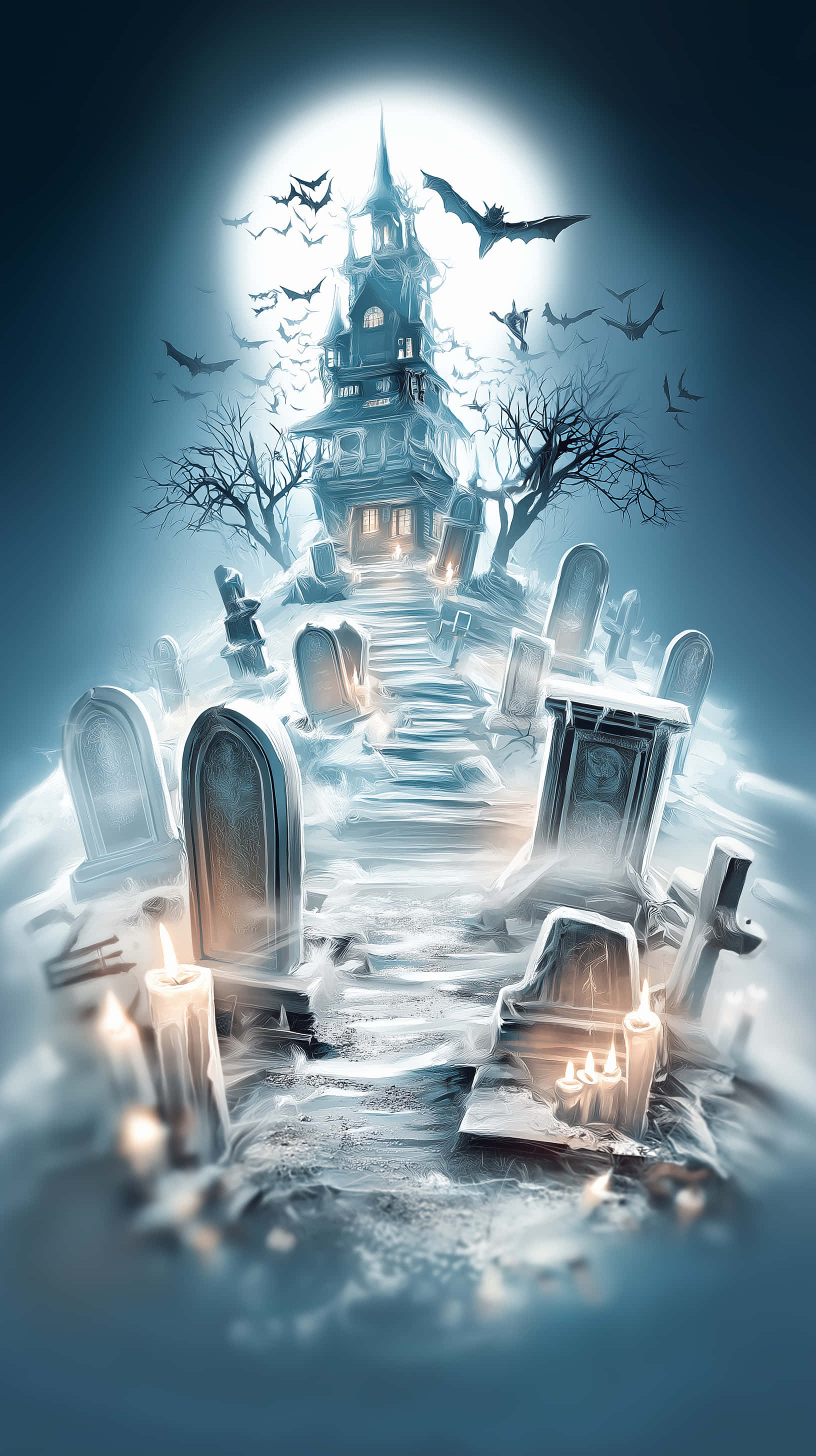 moonlit path, snowy graveyard, haunted mansion, 2K Phone Wallpaper