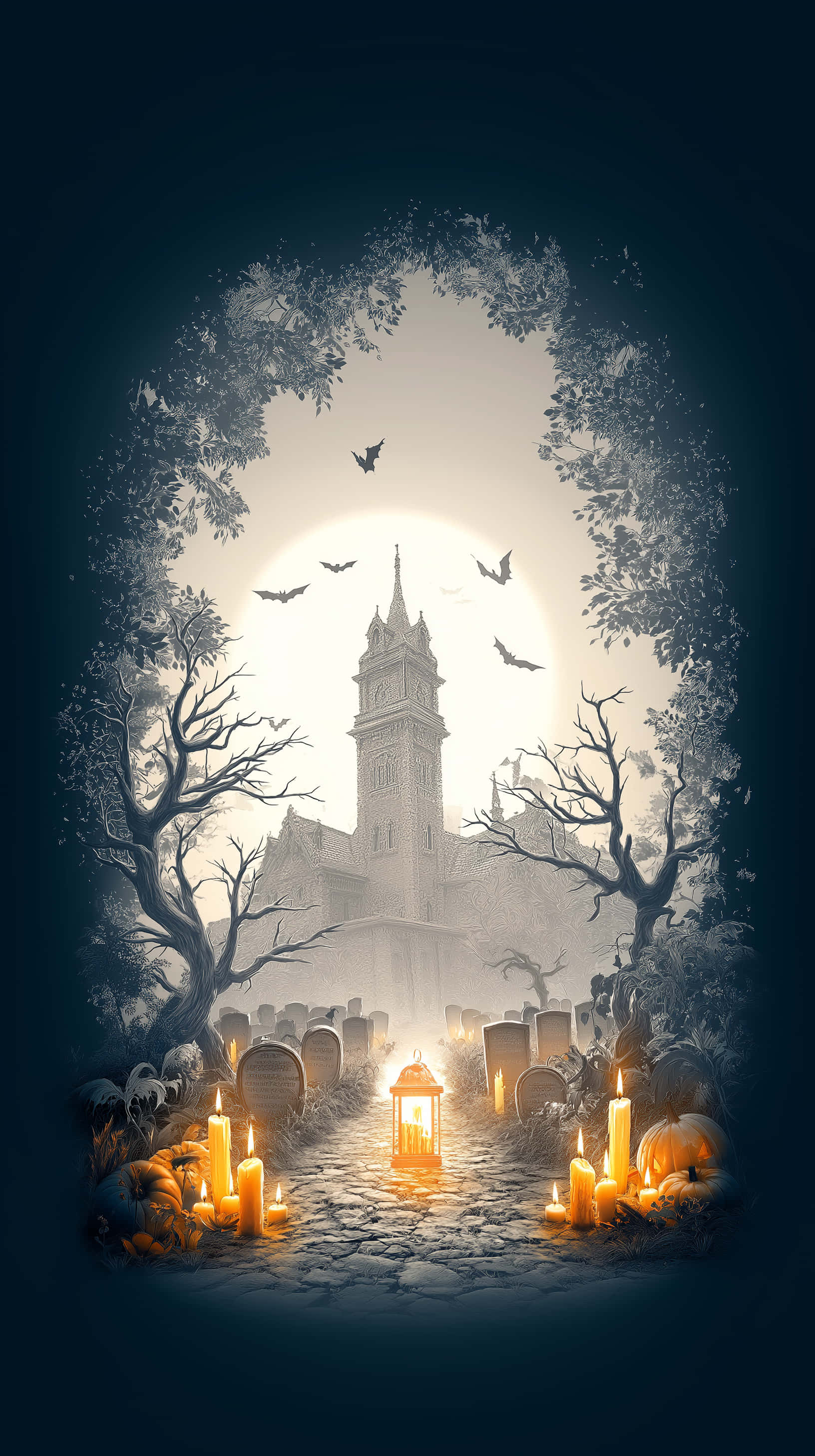 cobblestone path, glowing candles, pumpkins, 2K Phone Wallpaper