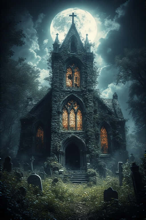abandoned church, moonlight, spooky Halloween, SD Phone Wallpaper