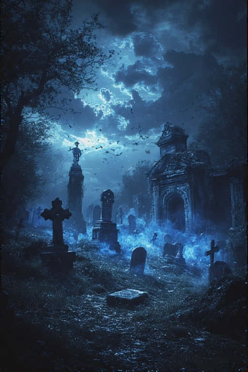 creepy graveyard, skeletons, stormy blue moon, SD Phone Wallpaper