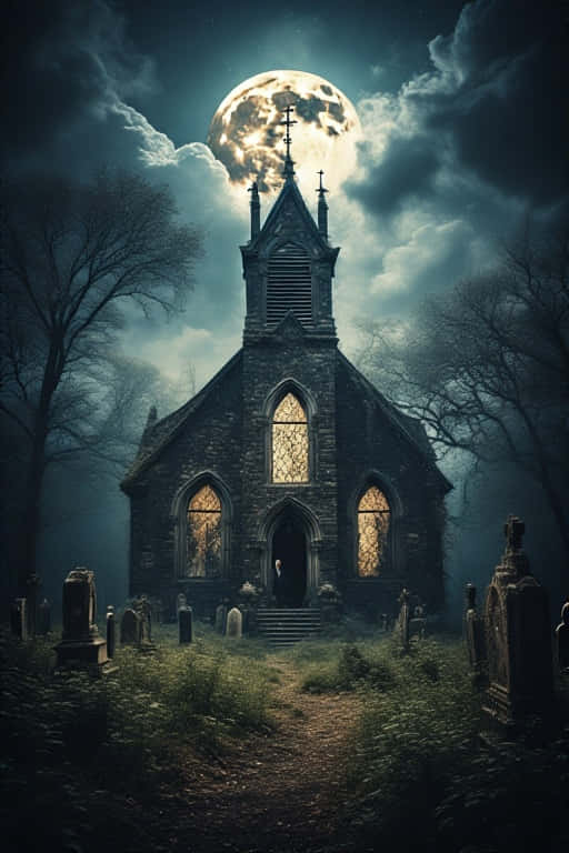 abandoned church, moonlight, spooky halloween, SD Phone Wallpaper