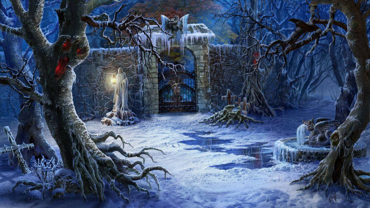 winter, snow-covered stone gate, bare trees, SD Desktop Wallpaper