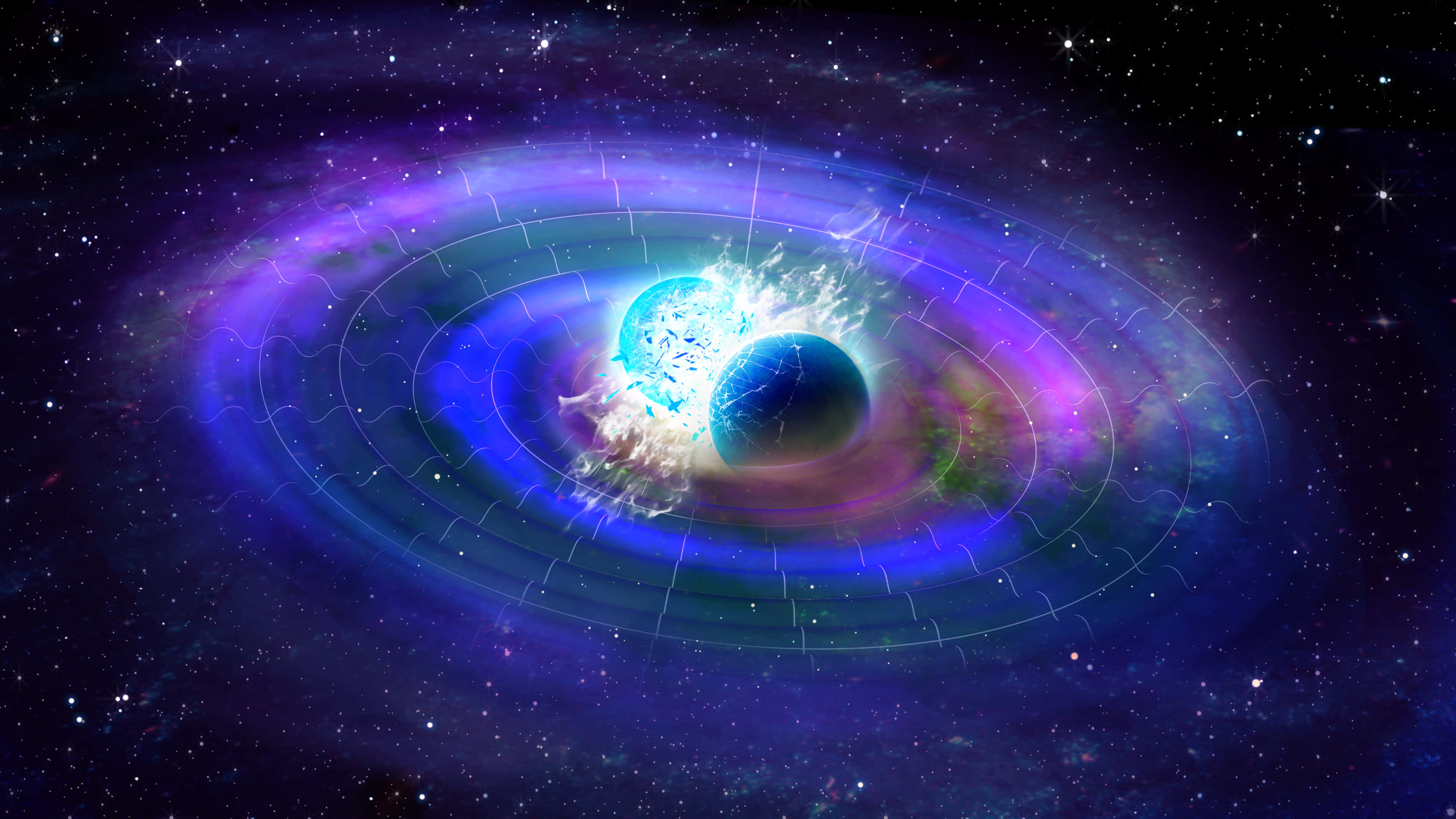 Gravitational Waves, purple and blue nebulae, starry space, 4K Desktop Wallpaper