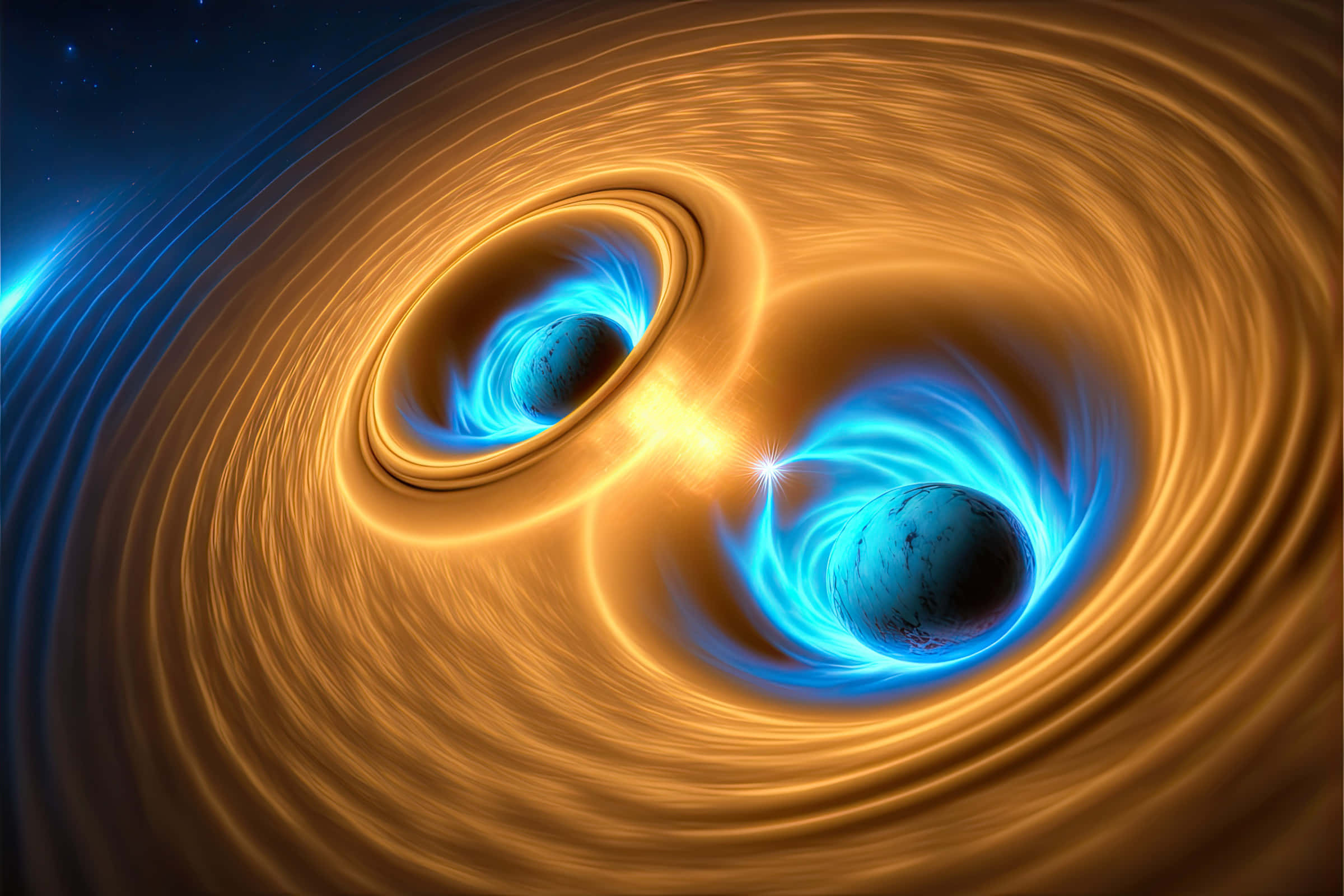 Gravitational Waves, black holes, blue and golden light, Full HD Desktop Wallpaper