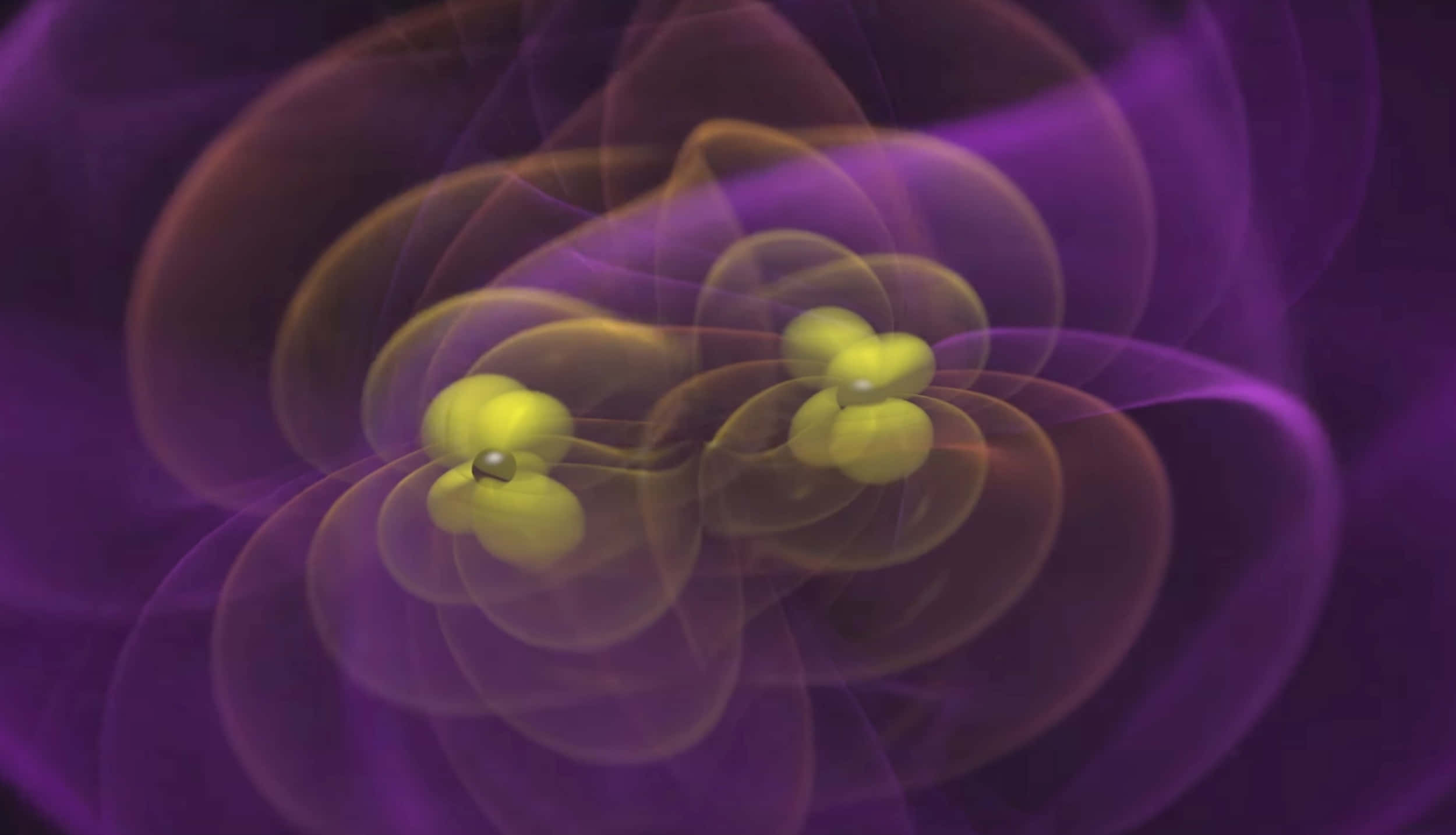 gravitational waves, yellow atomic nuclei, swirling translucent orbits, Full HD Desktop Wallpaper