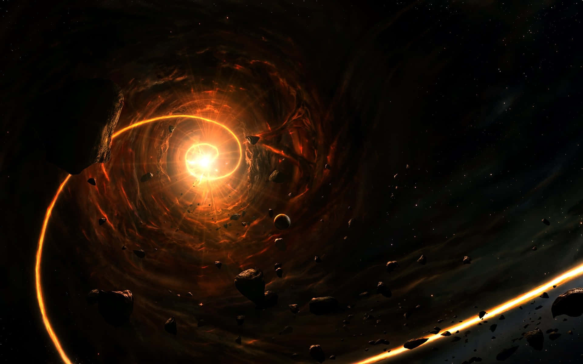 Gravitational Waves, cosmic vortex, glowing orange energy, Full HD Desktop Wallpaper