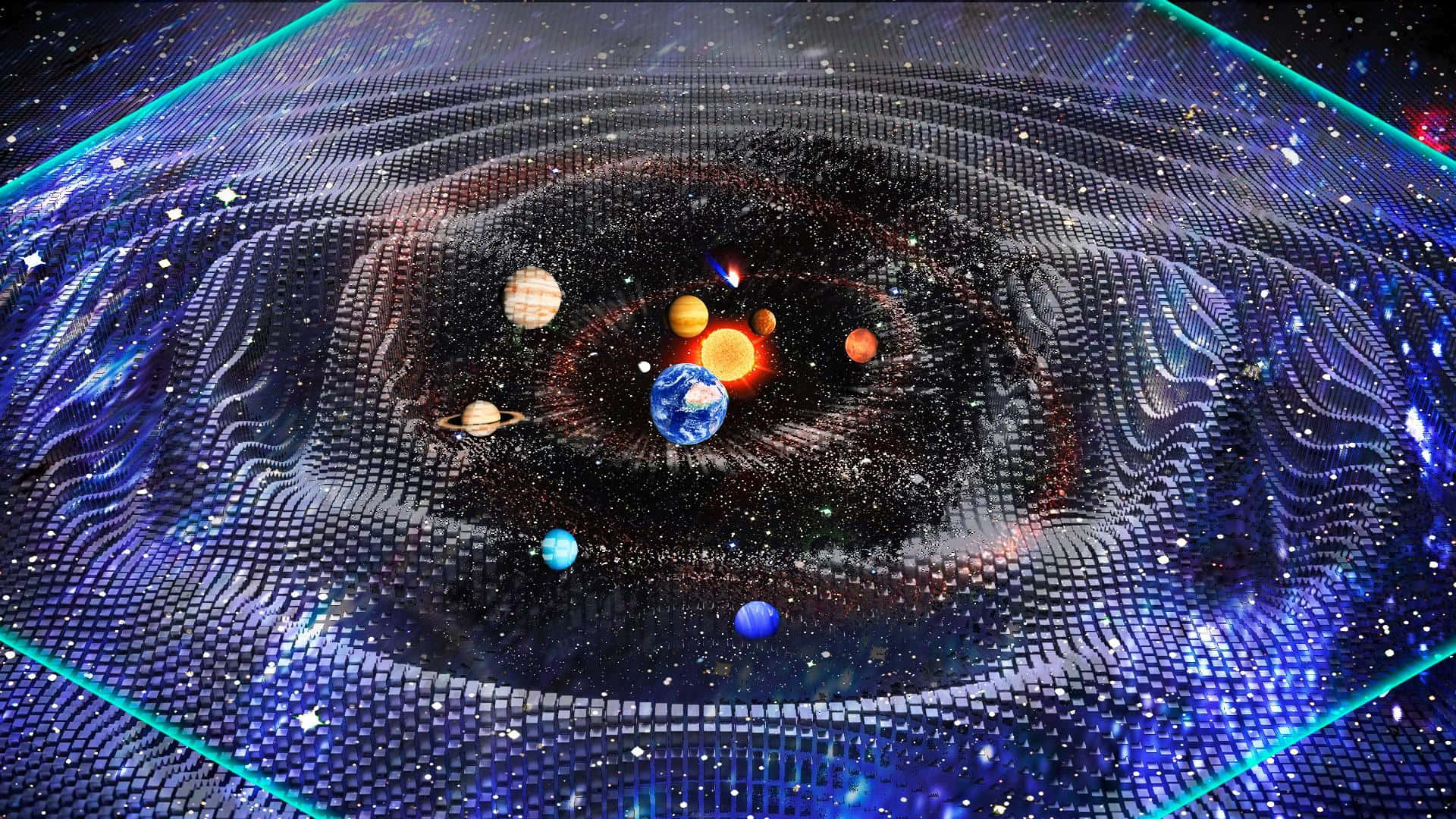 gravitational waves, glowing digital grid, central star, Full HD Desktop Wallpaper