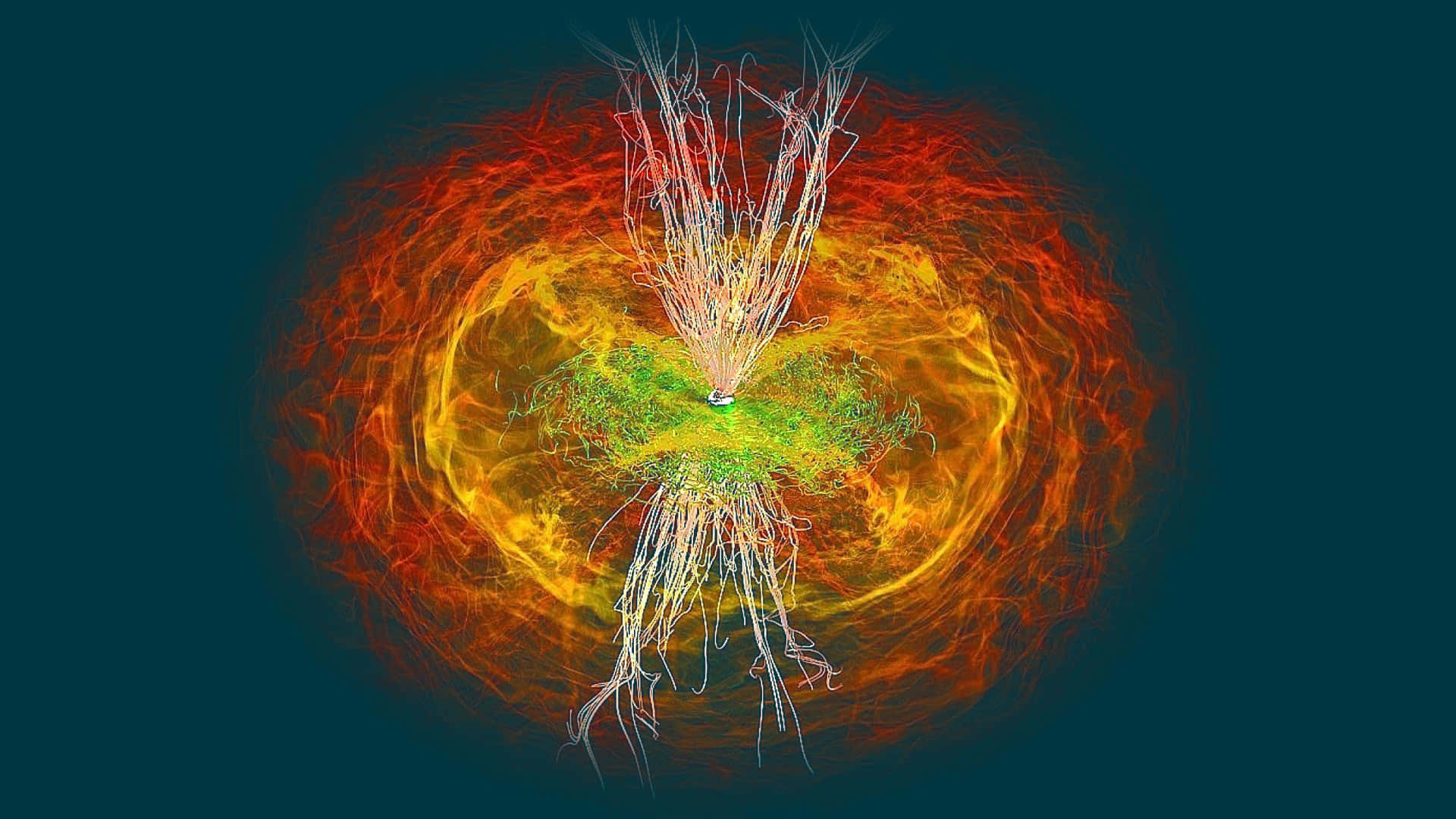 Gravitational Waves, cosmic nebula, fiery orange and yellow tendrils, Full HD Desktop Wallpaper