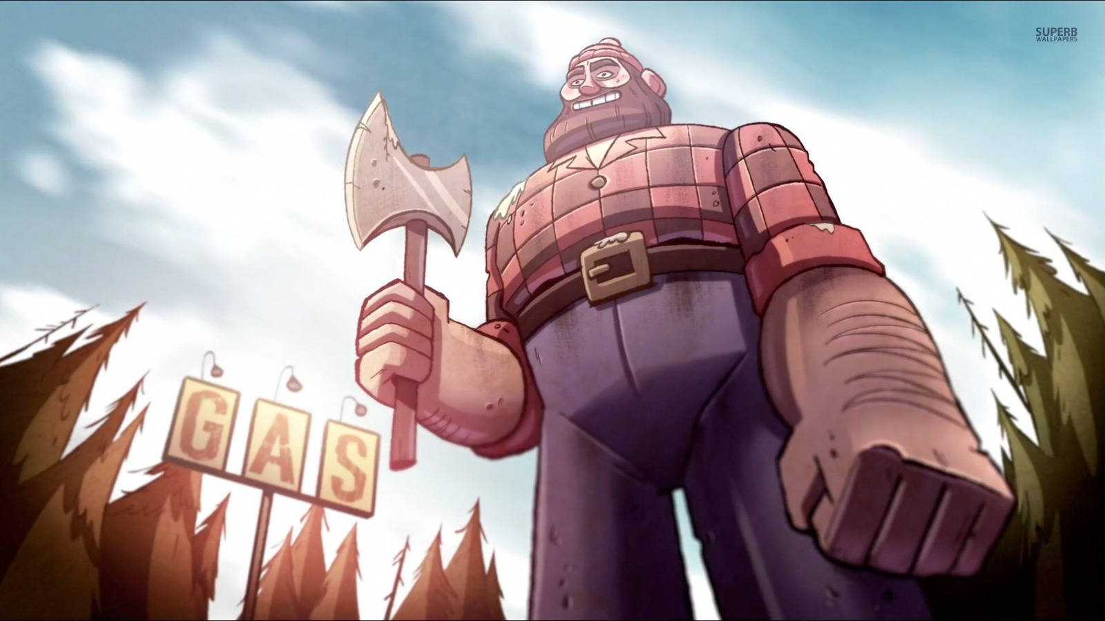 lumberjack statue, Gravity Falls, gas station sign, HD Desktop Wallpaper