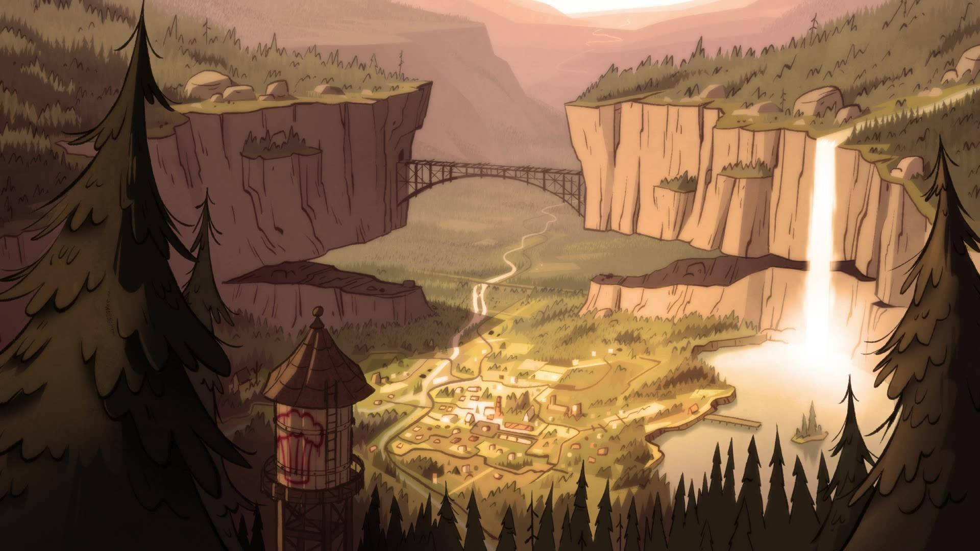 Gravity Falls, whimsical animated valley, glowing waterfall, Full HD Desktop Wallpaper