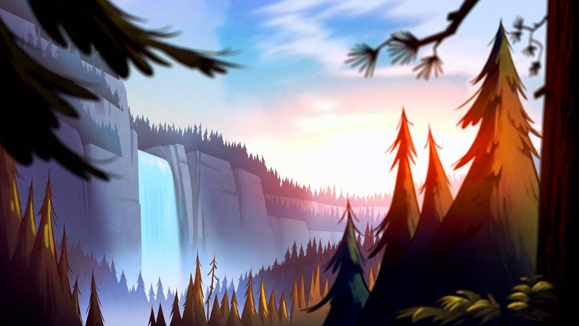 Gravity Falls, sunset, waterfall, Full HD Desktop Wallpaper